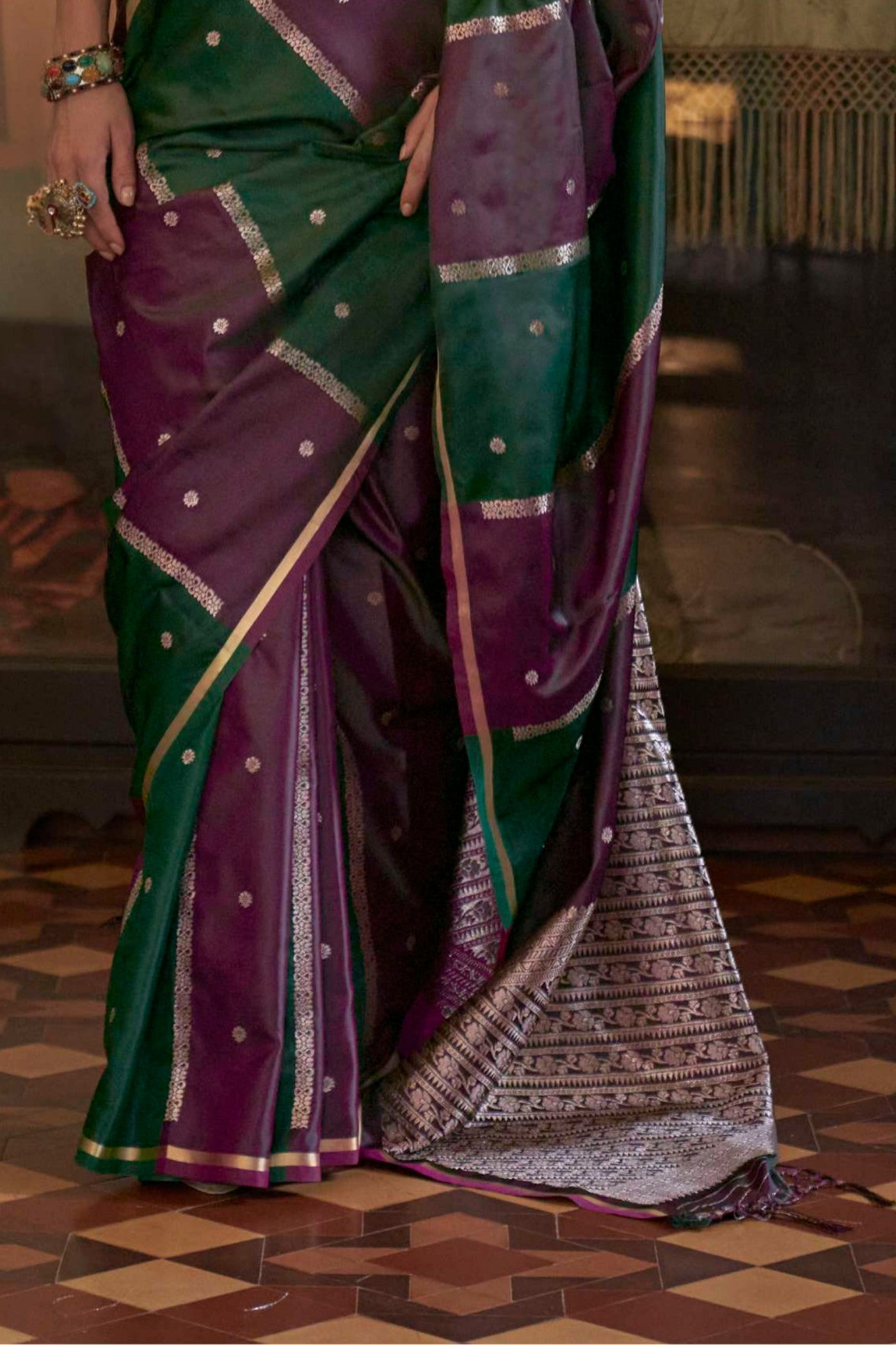 Buy MySilkLove Royal Purple and Green Handloom Rangkat Banarasi Satin Silk Saree Online