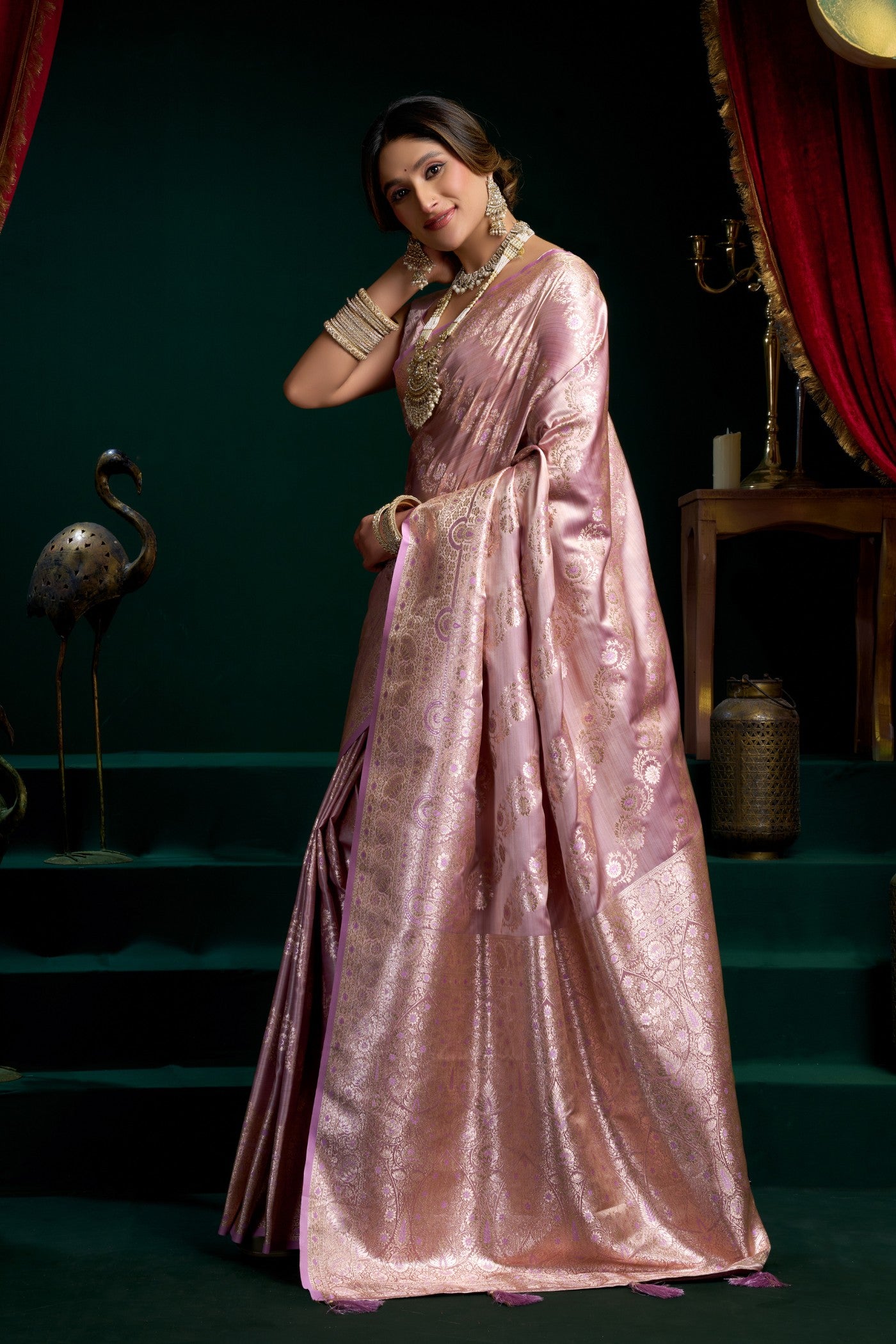 Buy MySilkLove Cameo Pink Banarasi Handloom Satin Soft Silk Saree Online