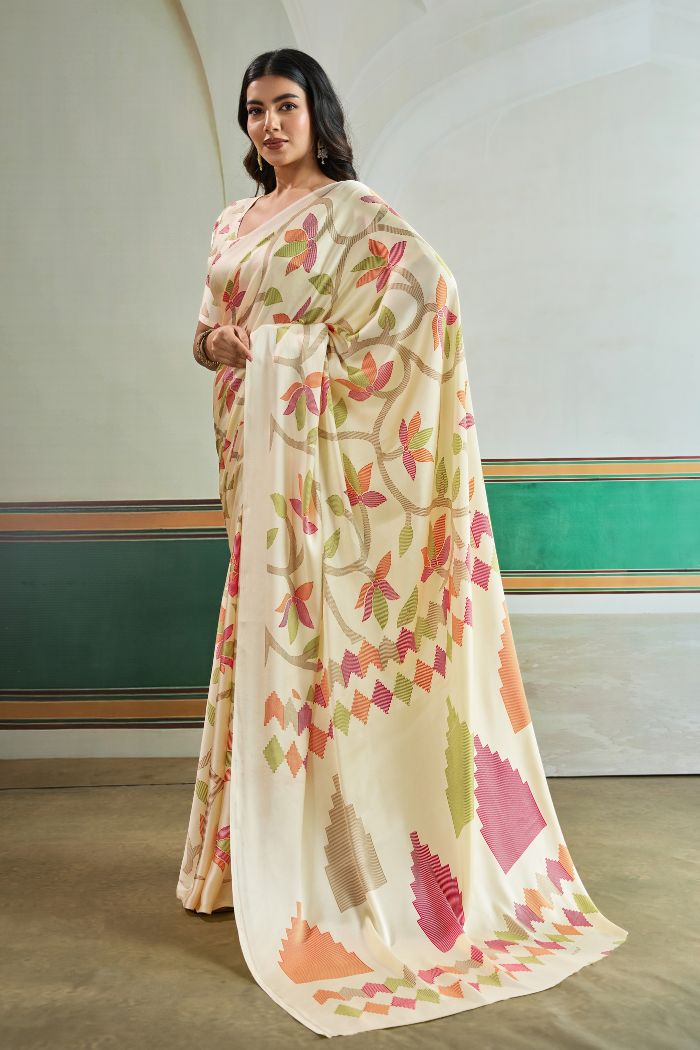 Buy MySilkLove Beige Modal Ajrakh Printed Satin Silk Saree Online