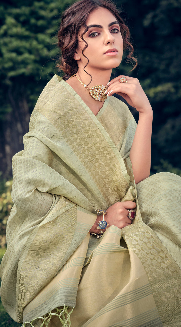 Buy MySilkLove Olive Green Linen Tissue Saree Online