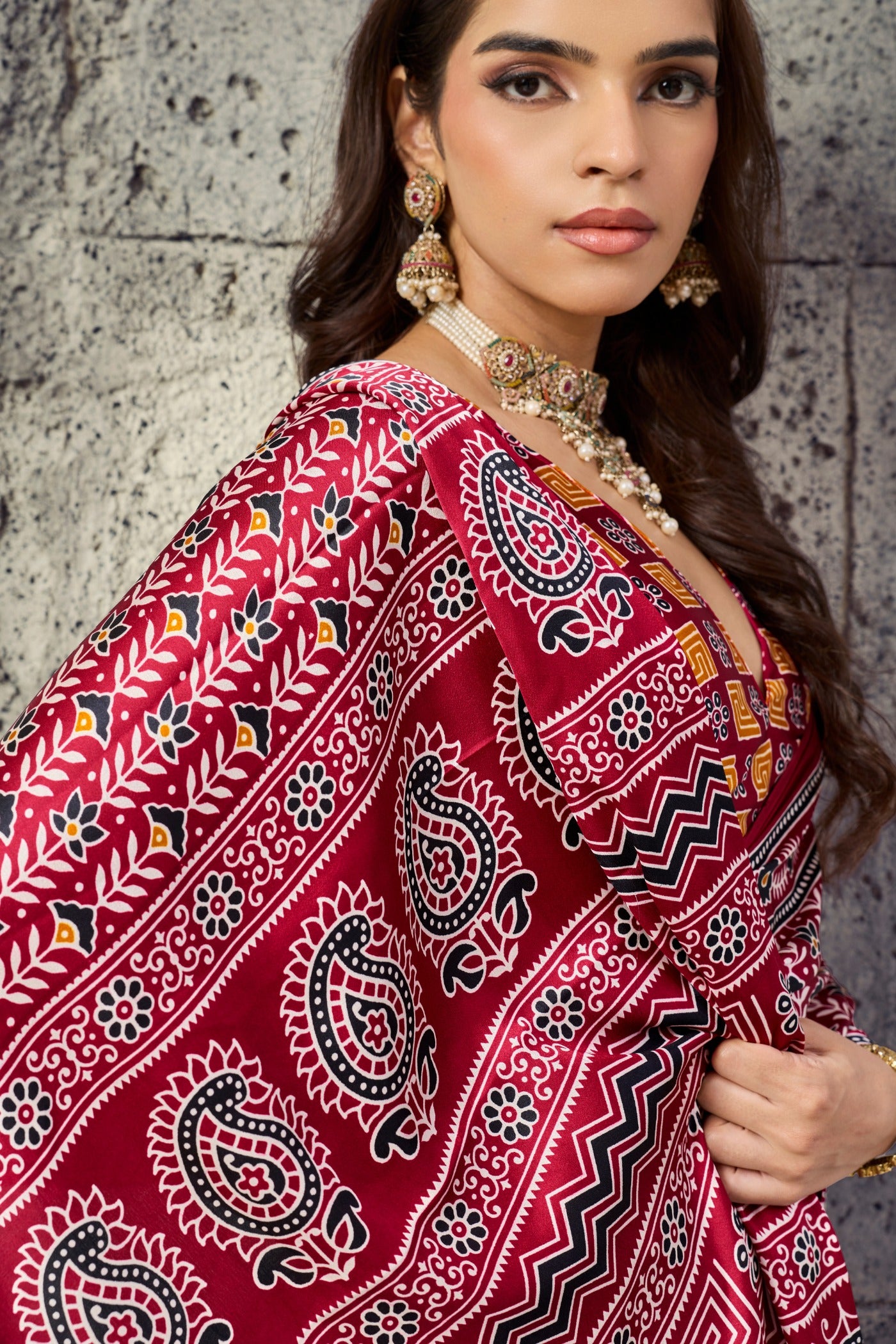 MySilkLove Deep Maroon Modal Ajrakh Satin Printed Silk Saree