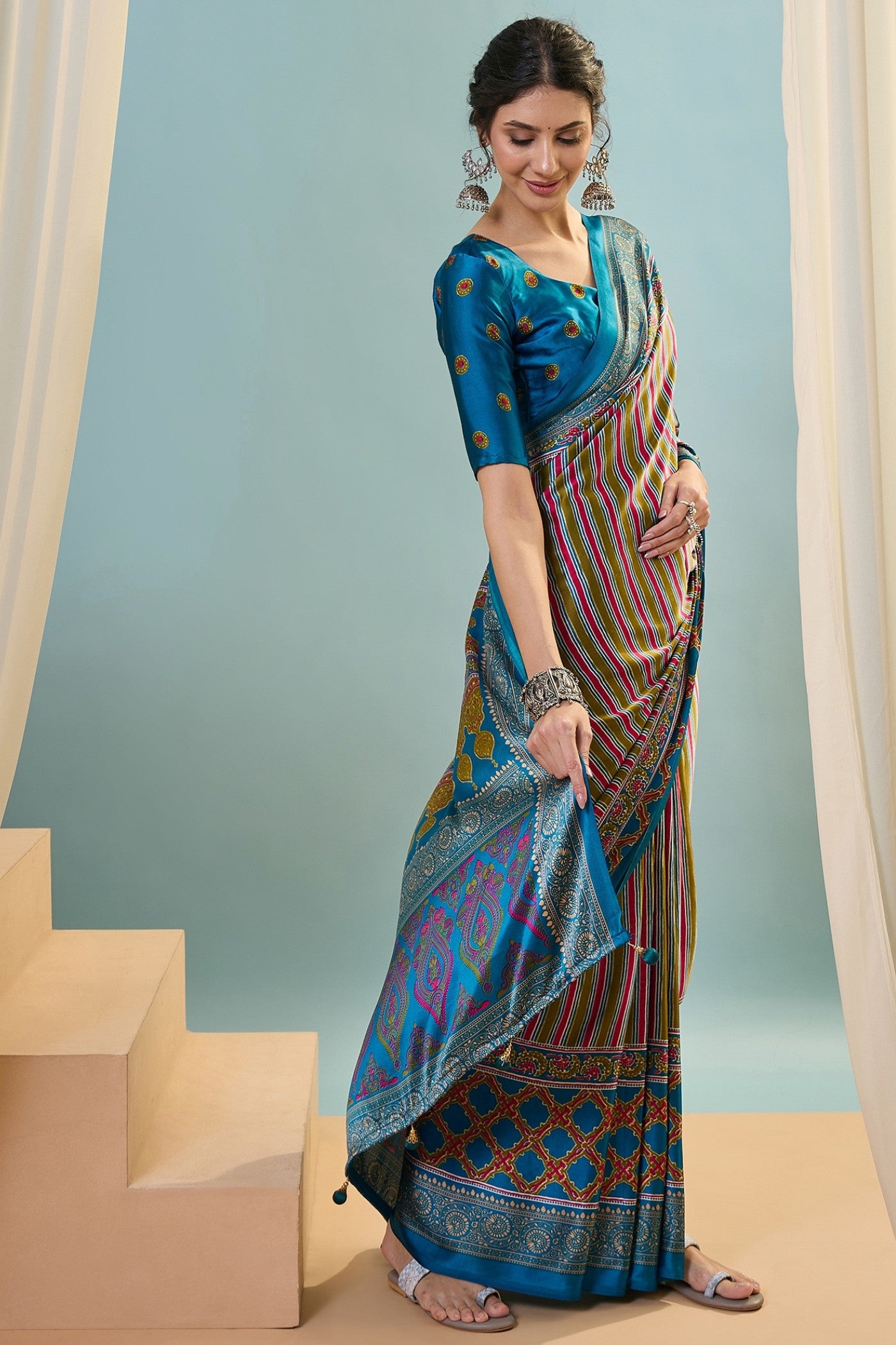 Buy MySilkLove Virella Blue Ajrakh Printed Satin Crepe Silk Saree Online