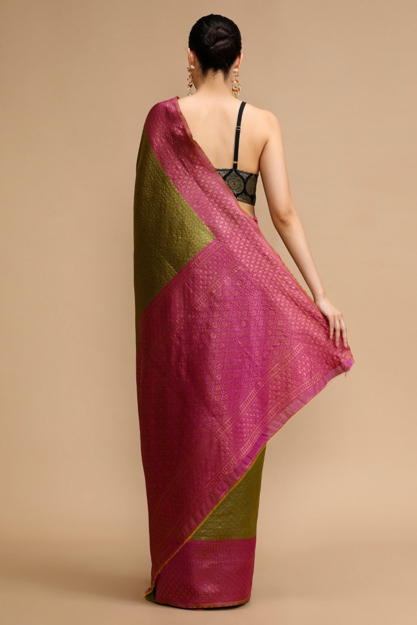 Buy MySilkLove Sheen Green and Pink Woven Jacquard Lichi Silk Saree Online