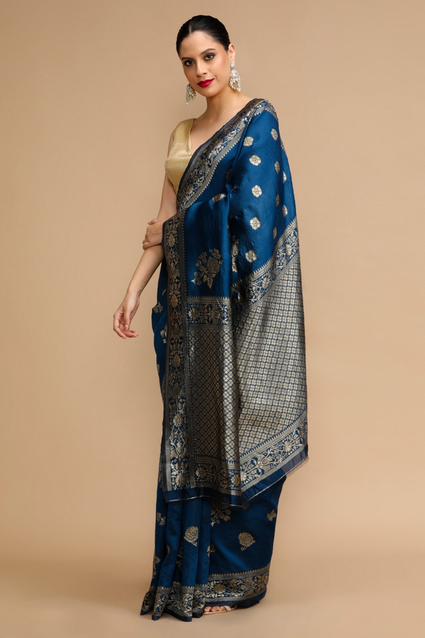 Buy MySilkLove Bismark Blue Woven Jacquard Lichi Silk Saree Online
