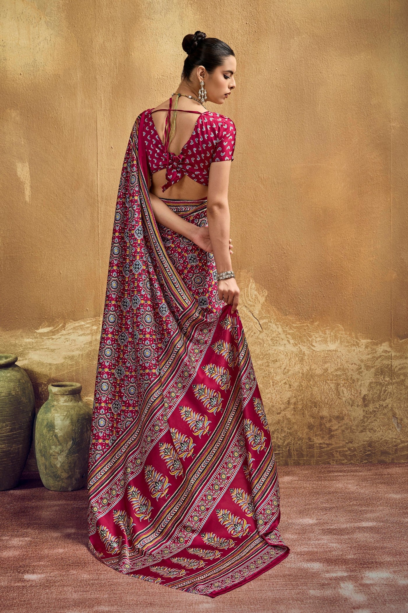 Buy MySilkLove Angare Maroon Modal Ajrakh Satin Printed Silk Saree Online