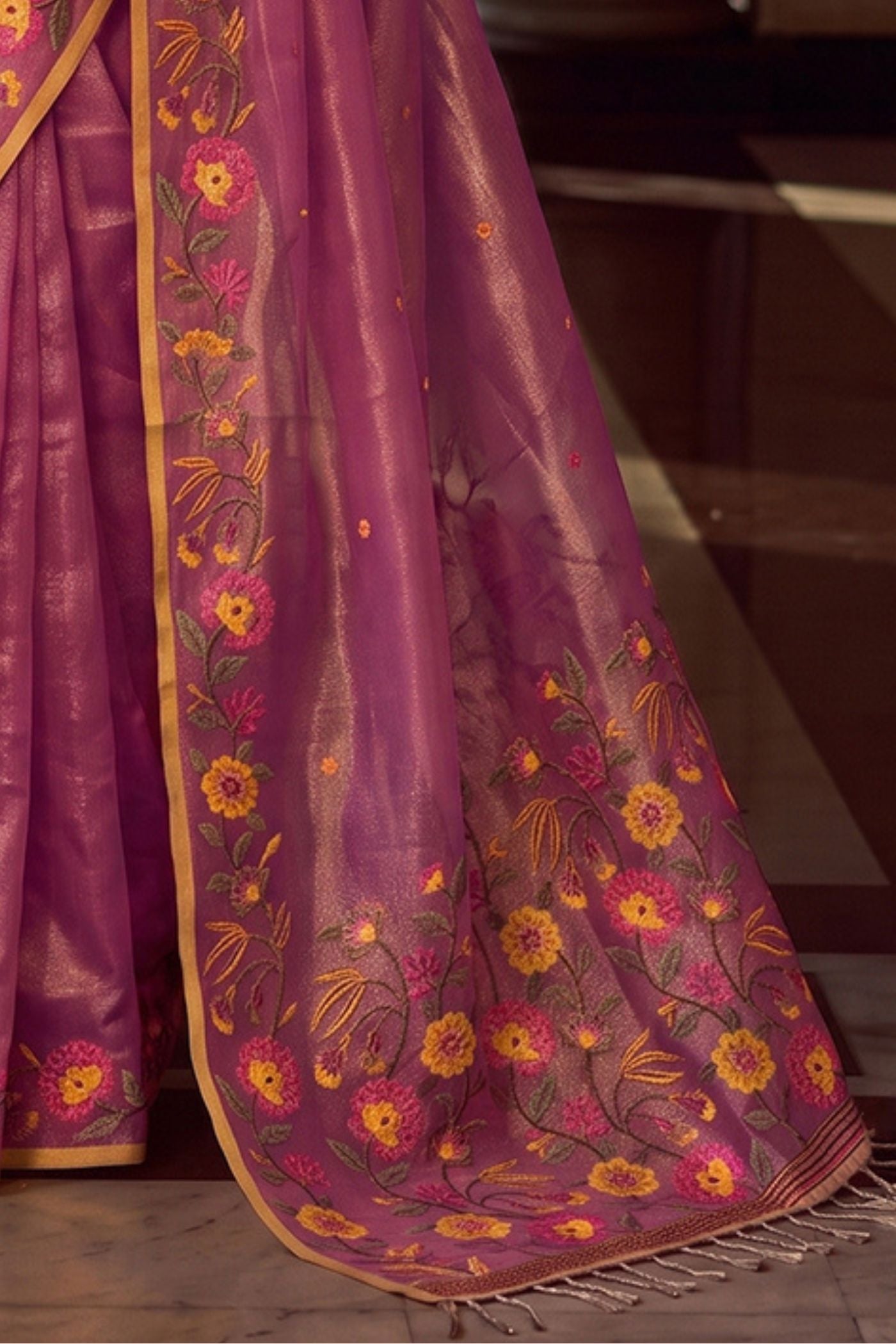Buy MySilkLove Magenta Pink Woven Floral Tissue Saree Online