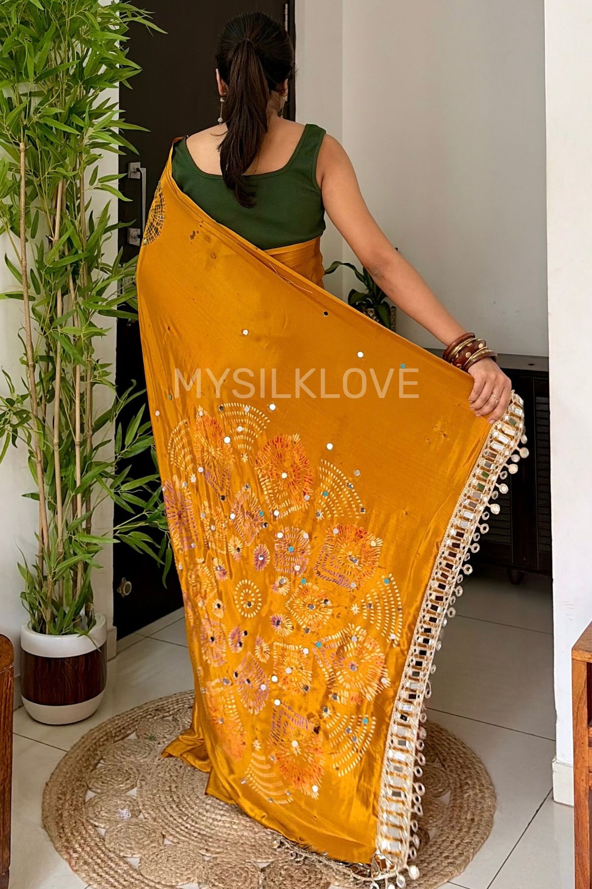Buy MySilkLove Antique Yellow Satin Printed Bandhani Mirror Work Saree — Buy Online | MySilkLove Online
