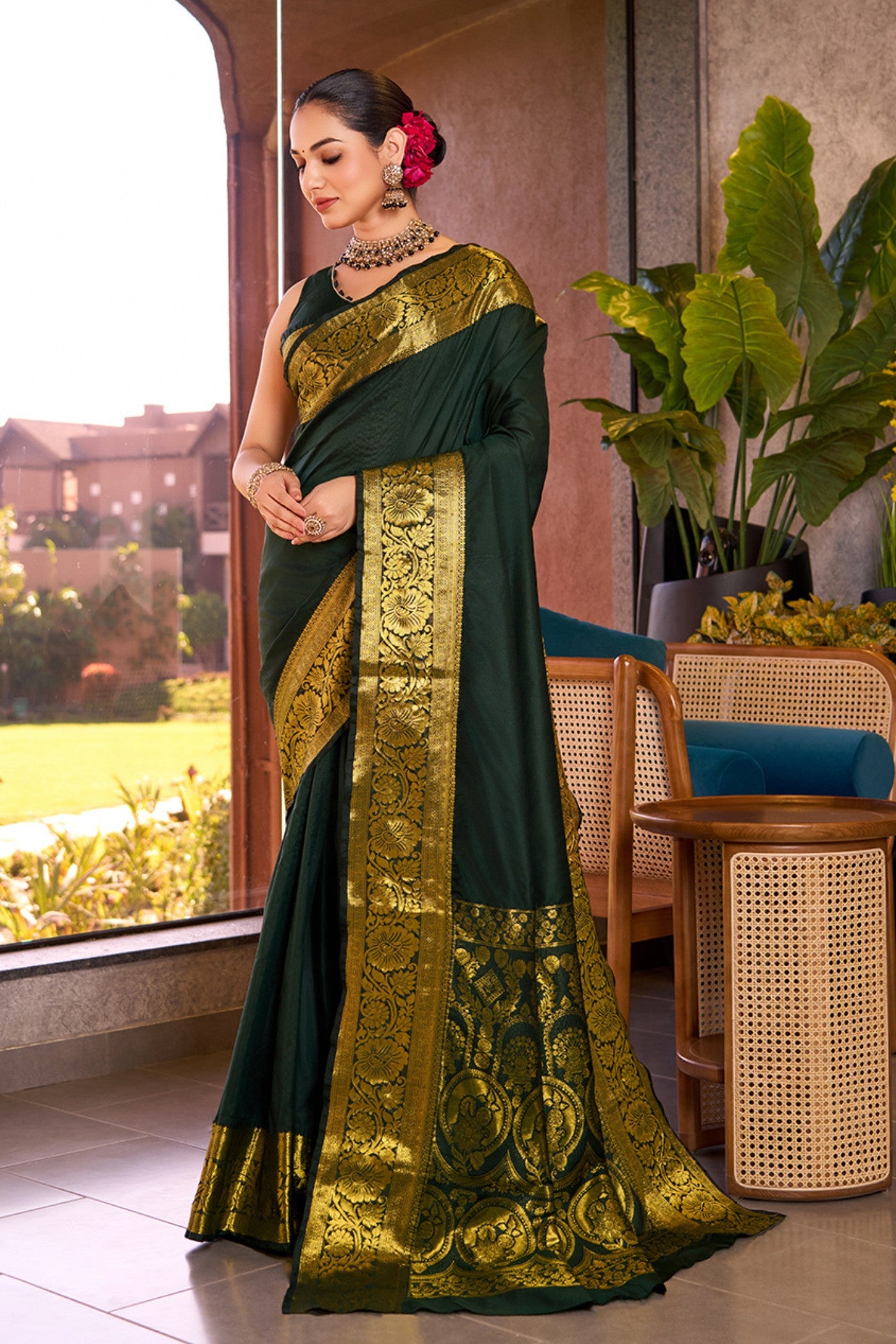 Buy MySilkLove Casal Green Woven Banarasi Saree Online