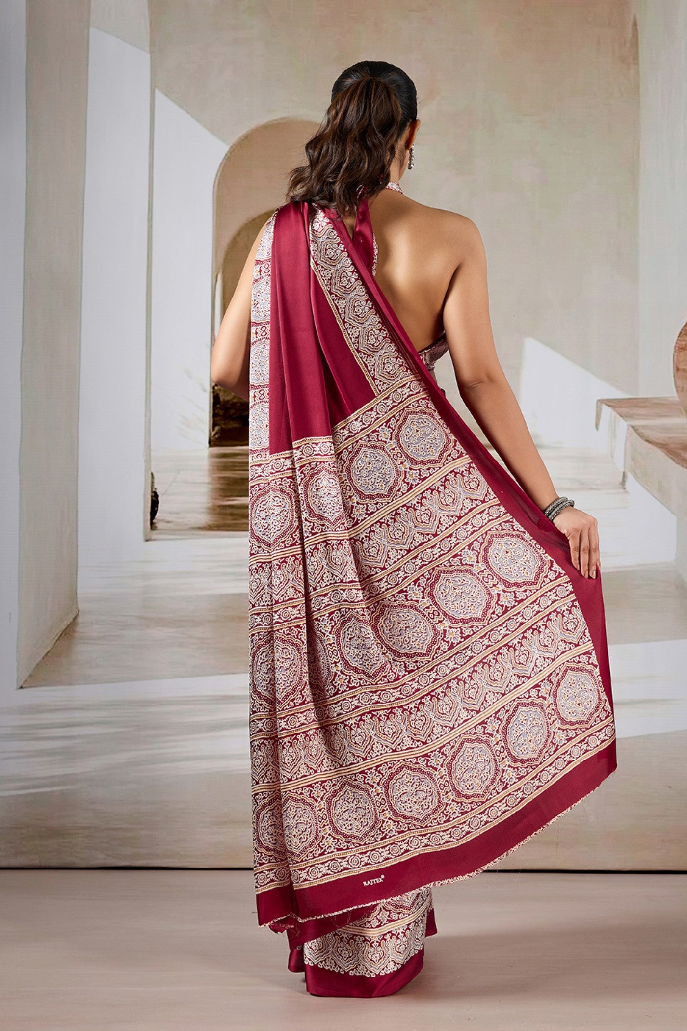Buy MySilkLove Deep Cherry Maroon Ajrakh Printed Satin Crepe Silk Saree Online