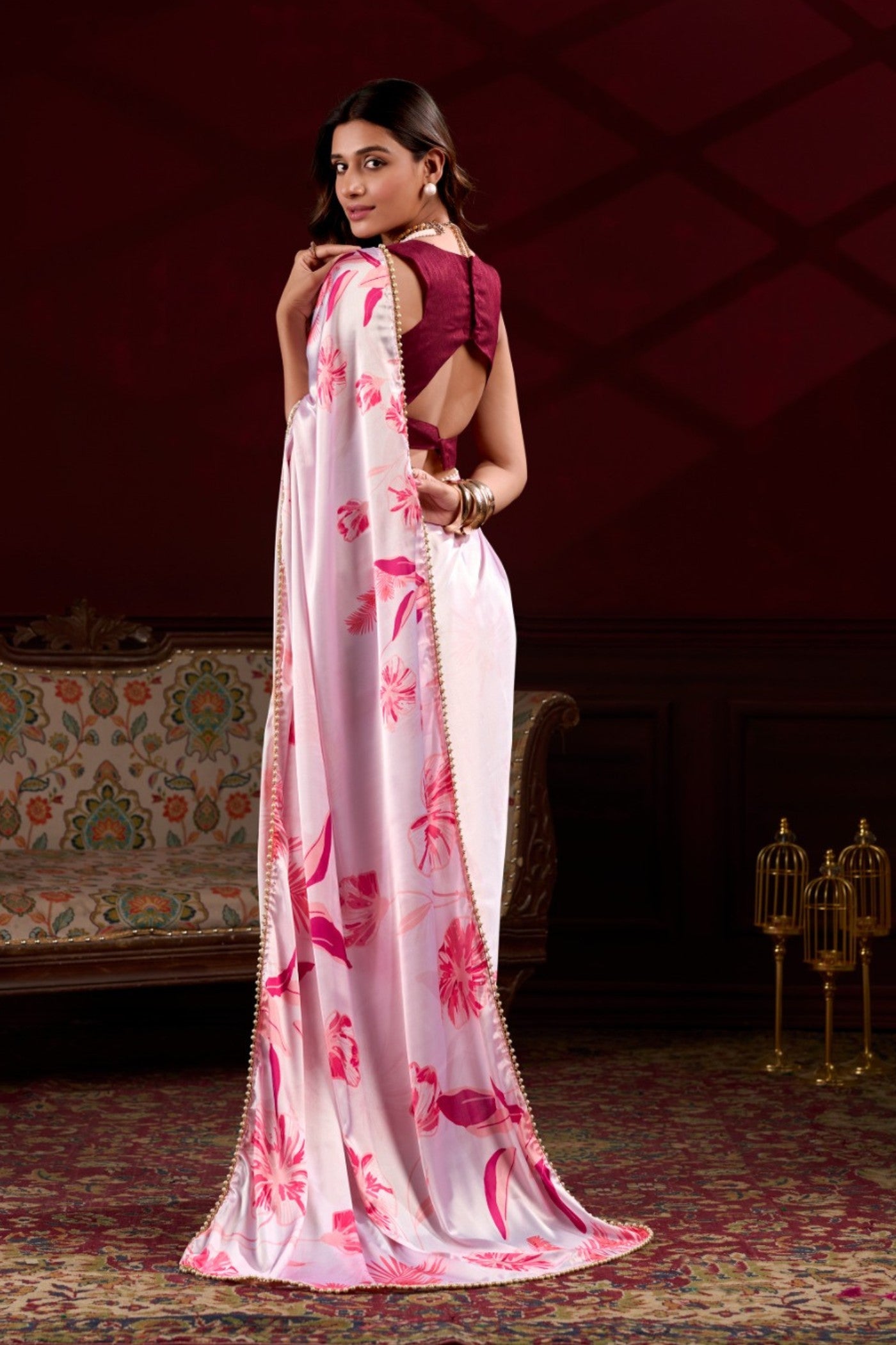 Buy MySilkLove Fluorescent Pink Floral Printed Satin Silk Saree Online