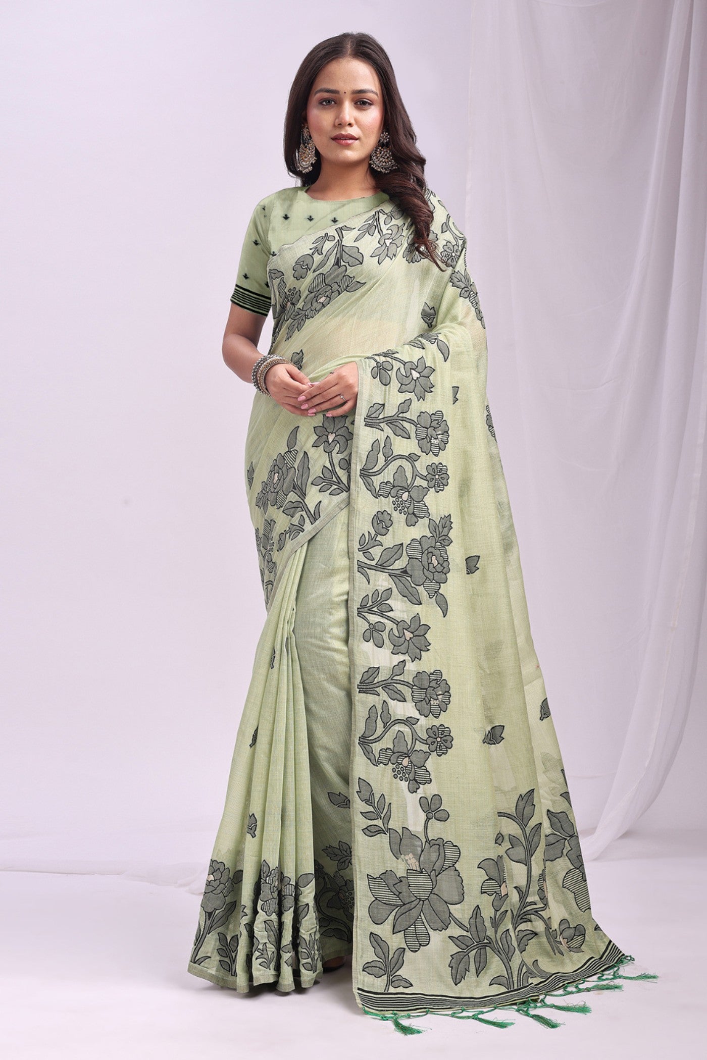 Buy MySilkLove Mint Green Woven Linen Cotton Saree Online