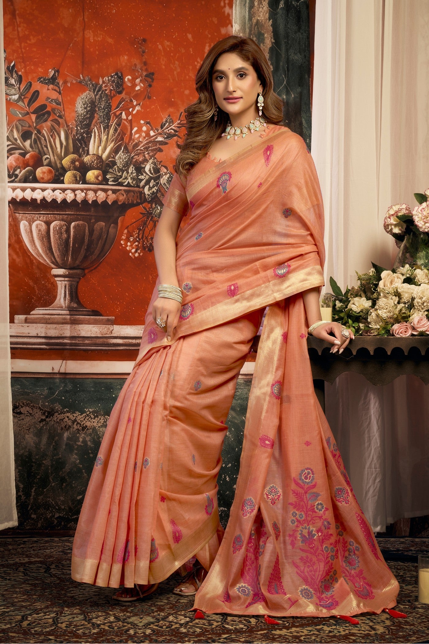 Buy MySilkLove Coral Peach Handloom Cotton Saree Online