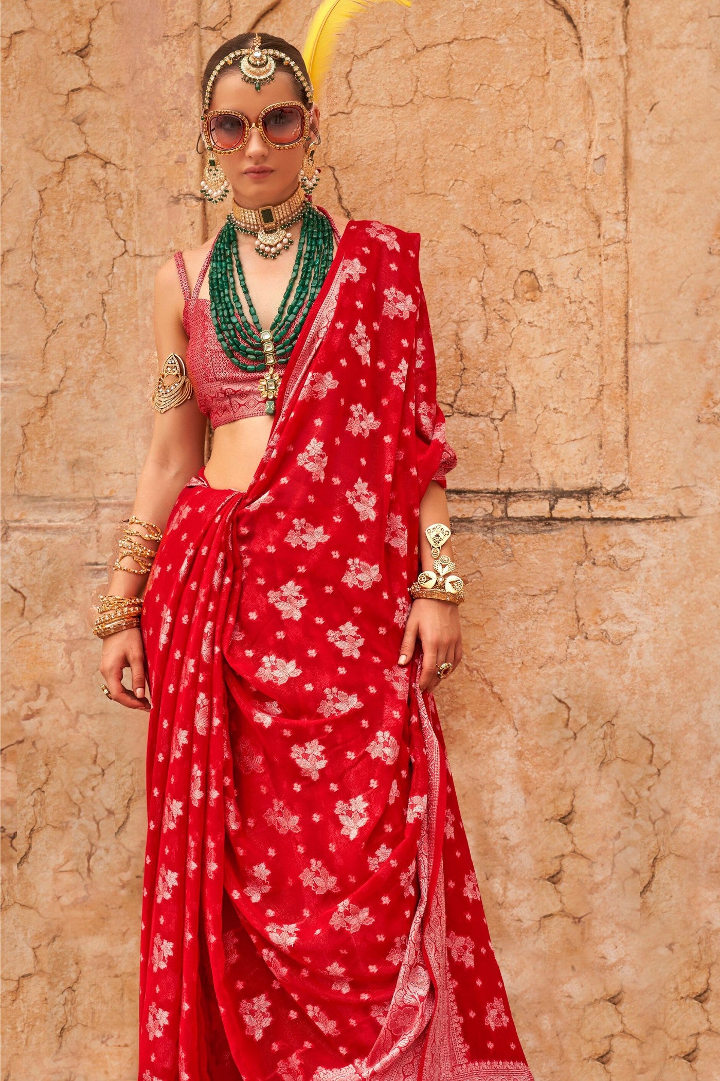 Buy MySilkLove Thunderbird Red Zari Woven Georgette Saree Online