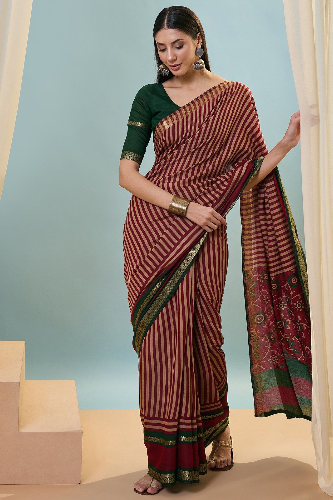 Buy MySilkLove Auburn Maroon Woven Cotton Saree Online