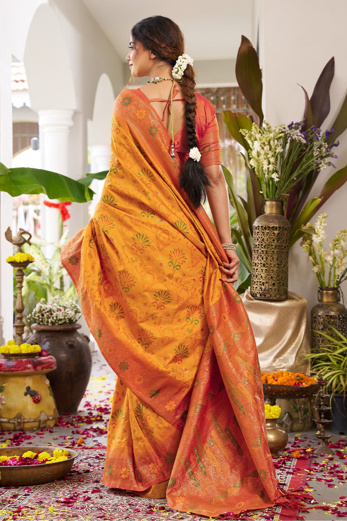 Buy MySilkLove Saffron Yellow Banarasi Woven Soft Silk Saree Online