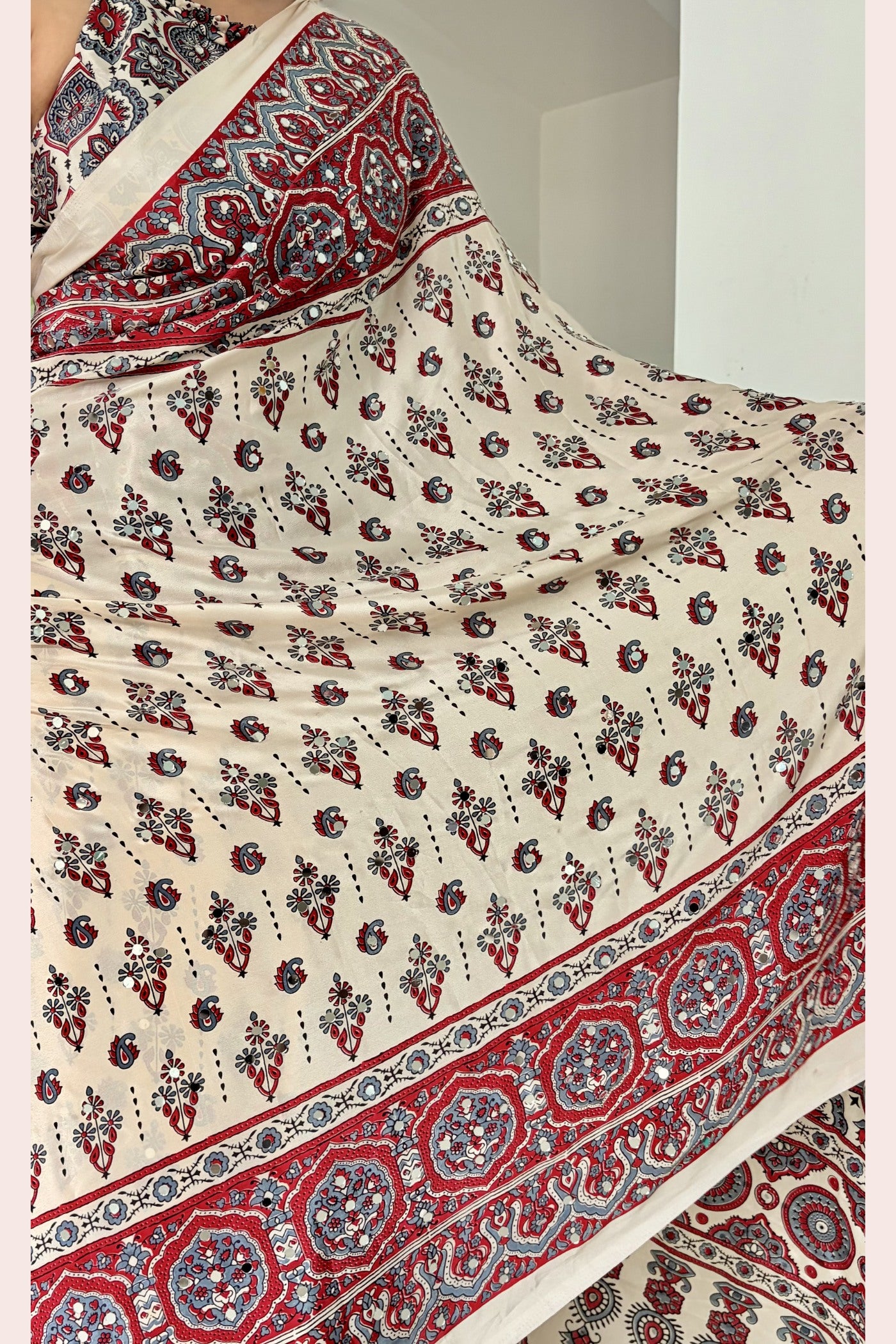 Buy MySilkLove Neutral Beige Modal Ajrakh Satin Printed Mirror Work Saree Online