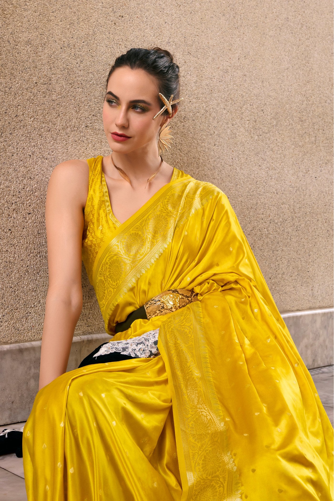 Buy MySilkLove Tulip Yellow Handloom Satin Banarasi Saree Online