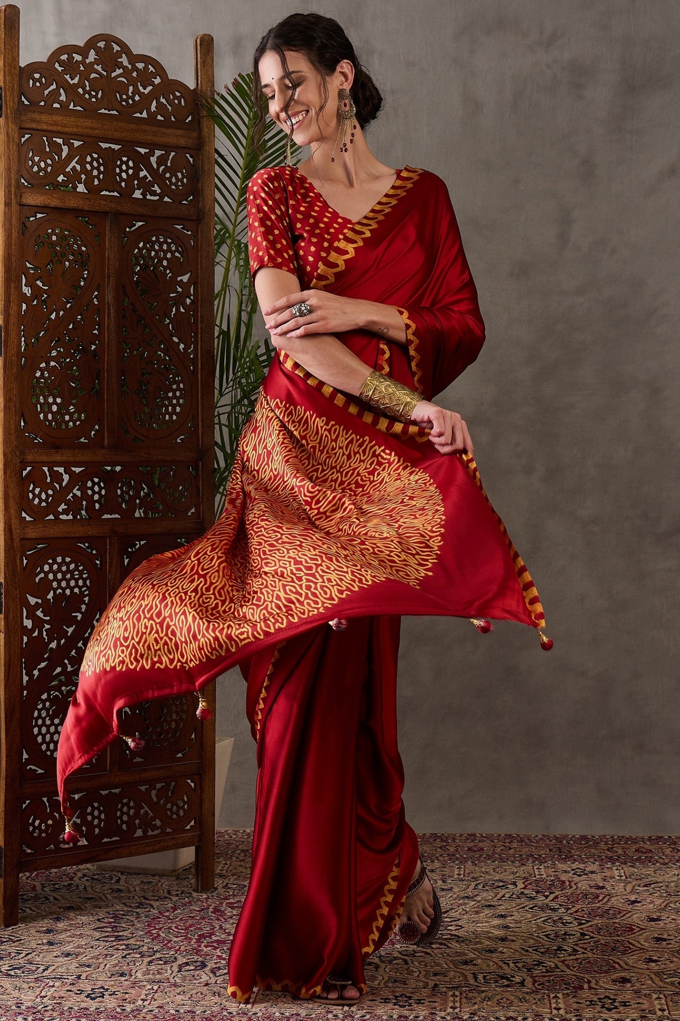 Buy MySilkLove Fire Red Printed Satin Gaji Silk Saree Online