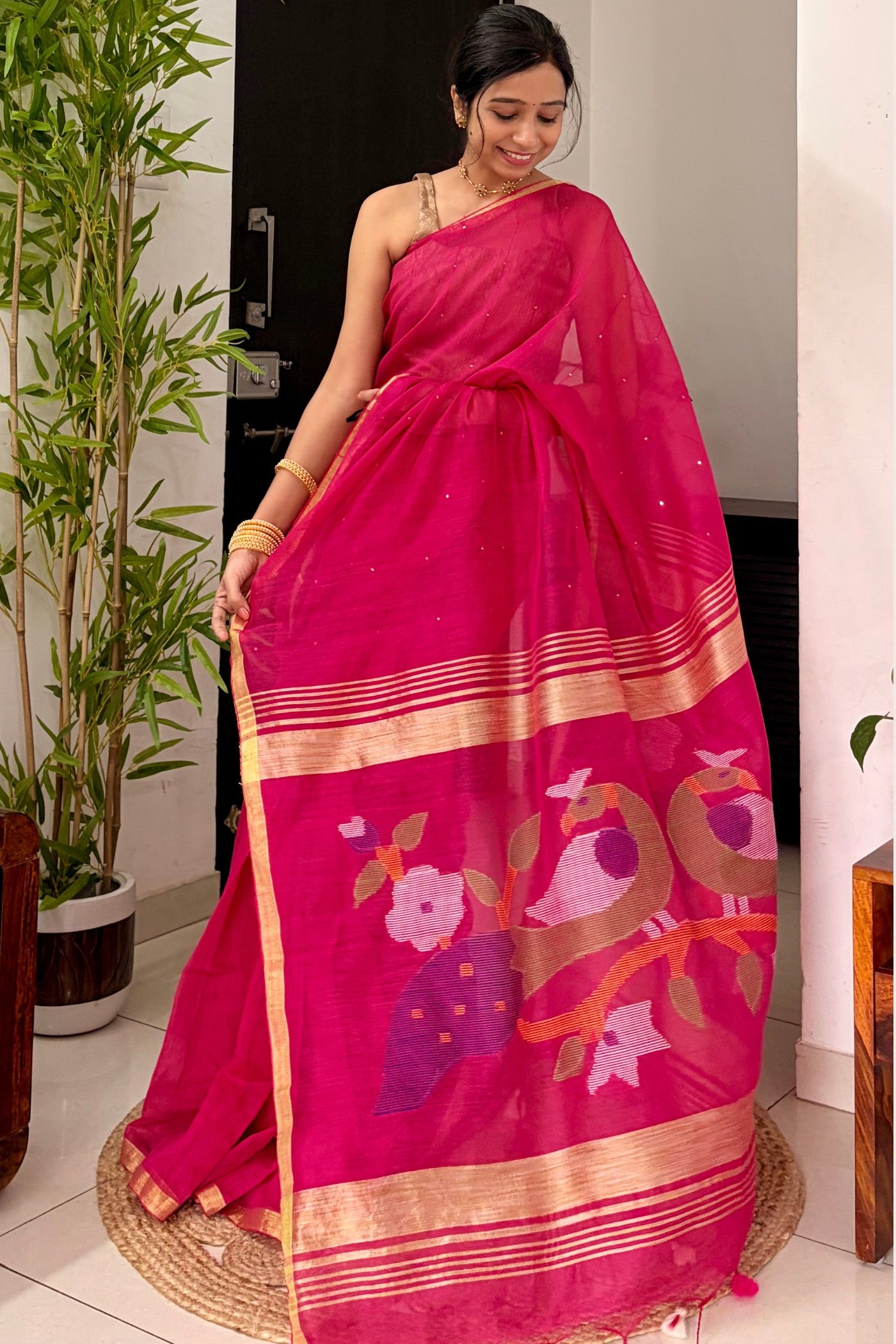 Buy MySilkLove Zinnia Pink Handloom Chanderi Cotton Silk Saree Online