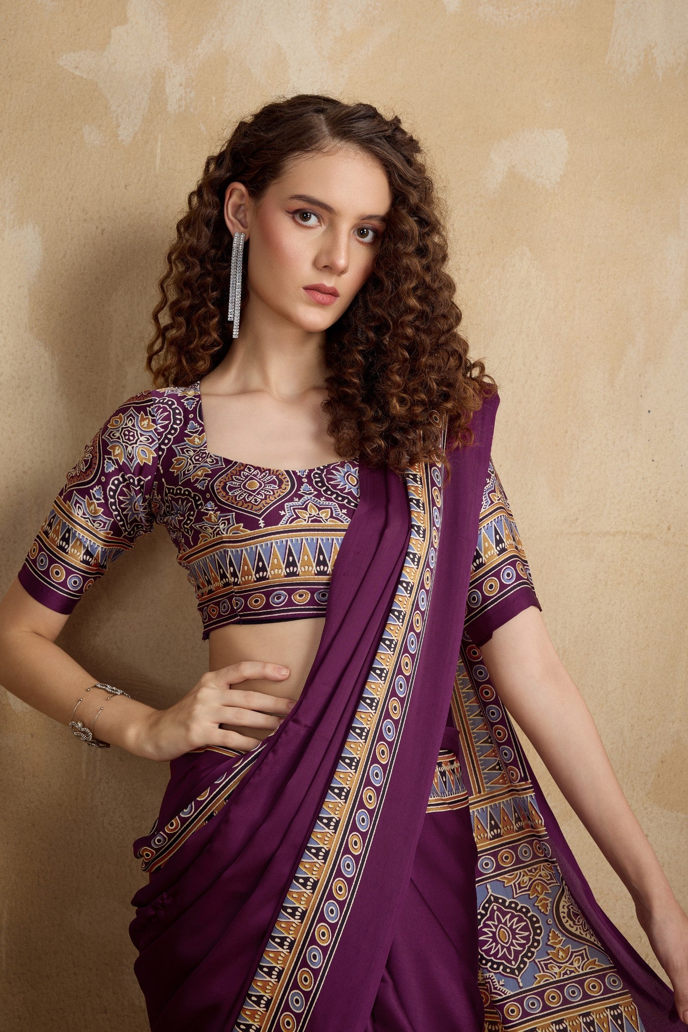 Buy MySilkLove Irises Purple Ajrakh Printed Satin Crepe Silk Saree Online