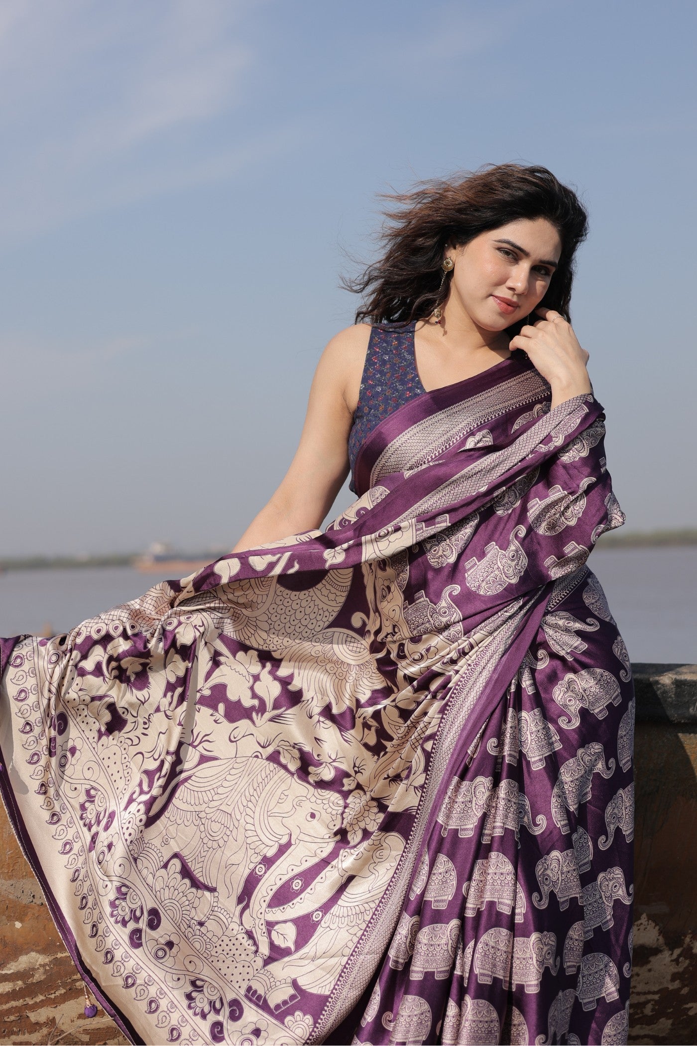 Buy MySilkLove Haze Purple Ajrakh Printed Satin Crepe Silk Saree Online