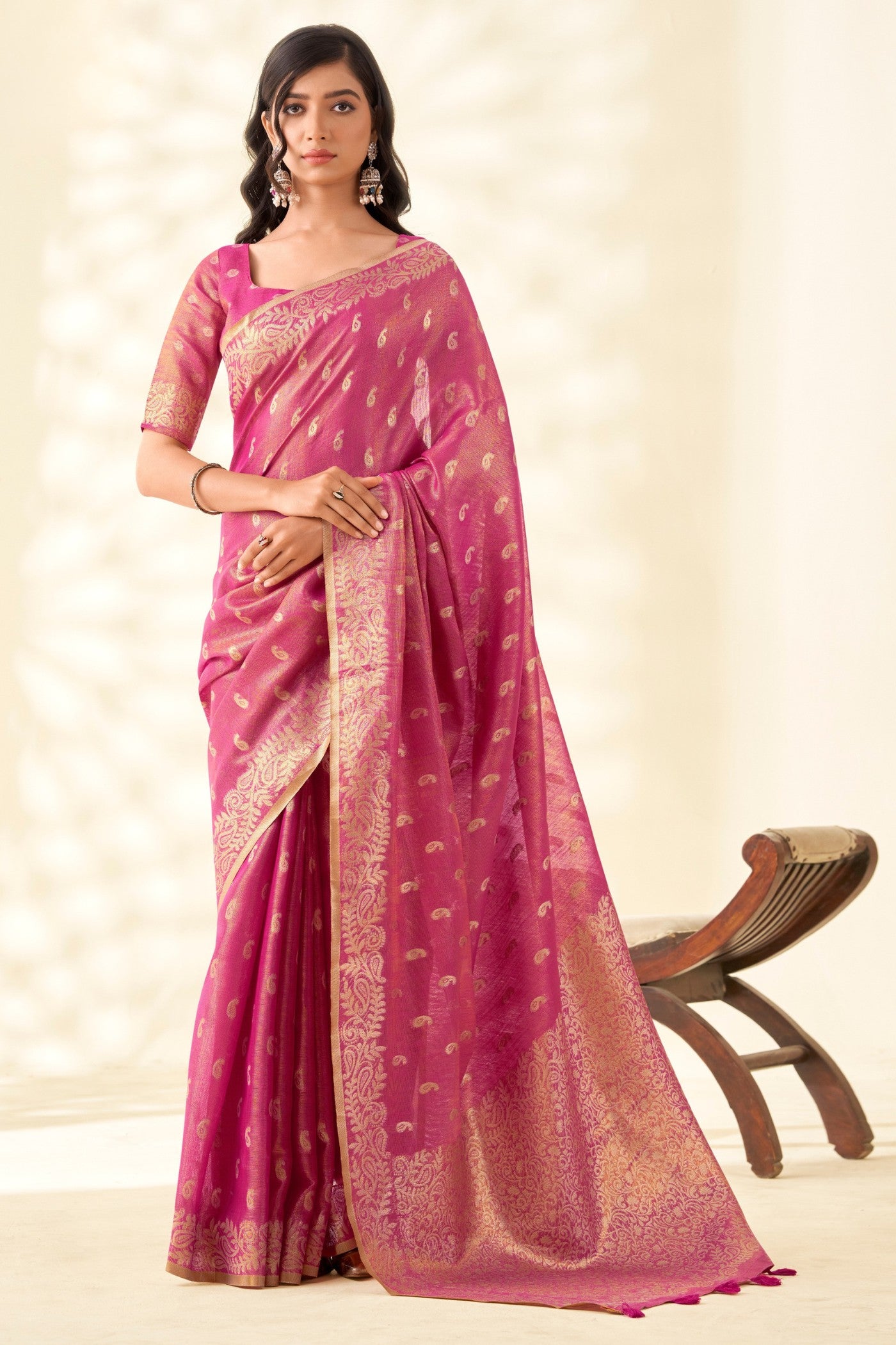 Buy MySilkLove Bush Pink Woven Tissue Linen Saree Online