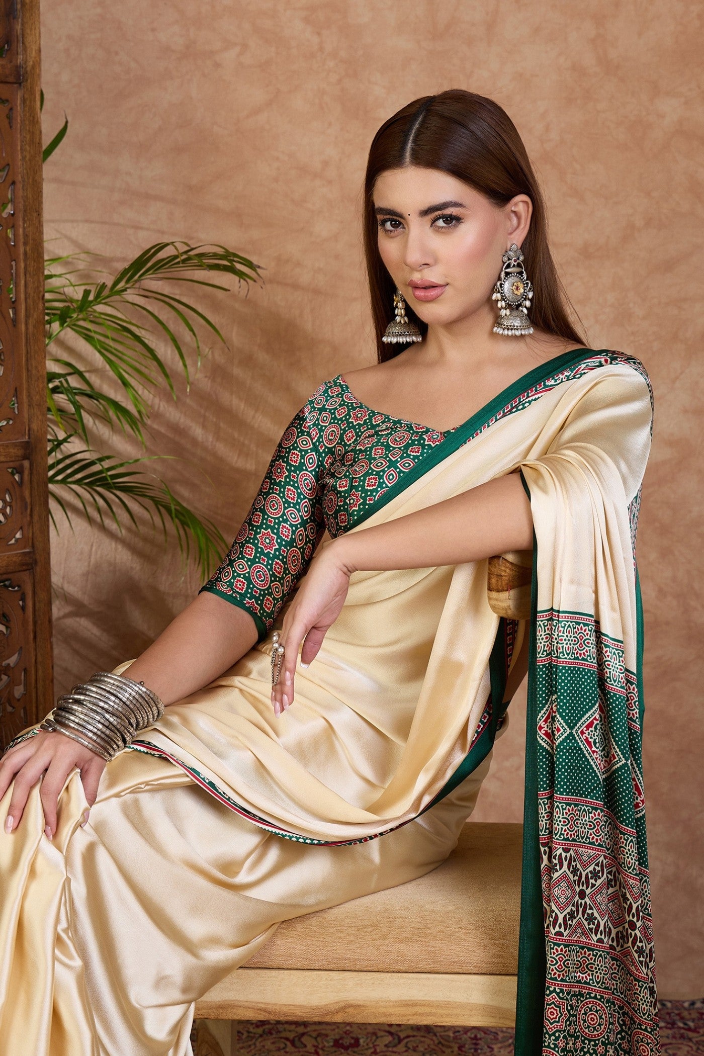 Buy MySilkLove Rice Cream and Green Ajrakh Printed Satin Crepe Silk Saree Online