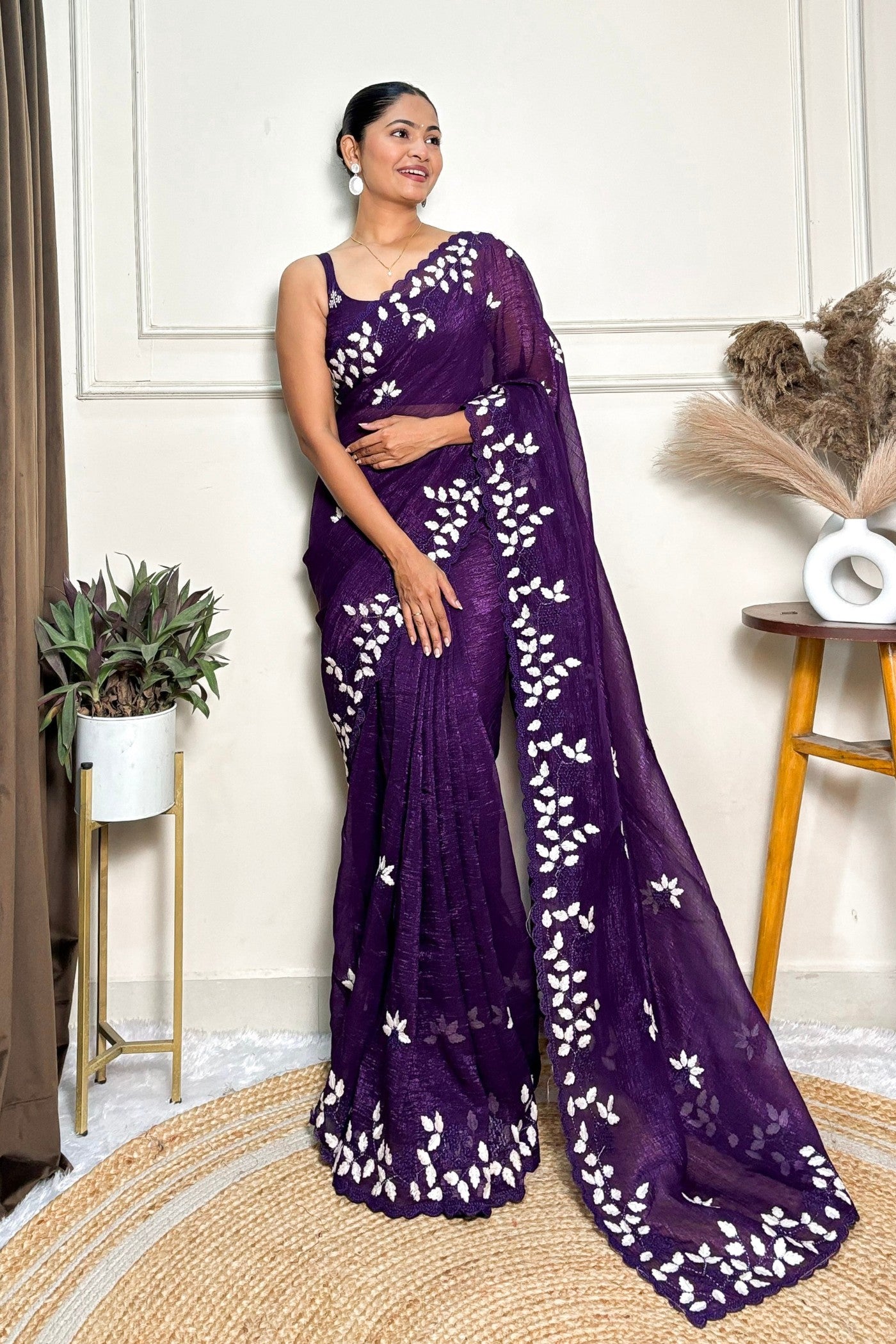 Buy MySilkLove Wine Purple Embroidery Partywear Saree Online