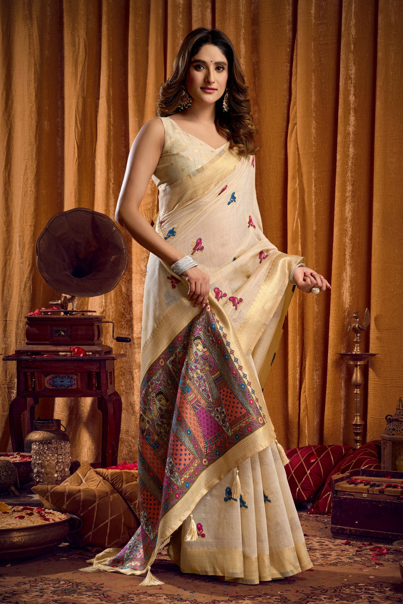 Buy MySilkLove Oyster Cream Woven Cotton Saree Online