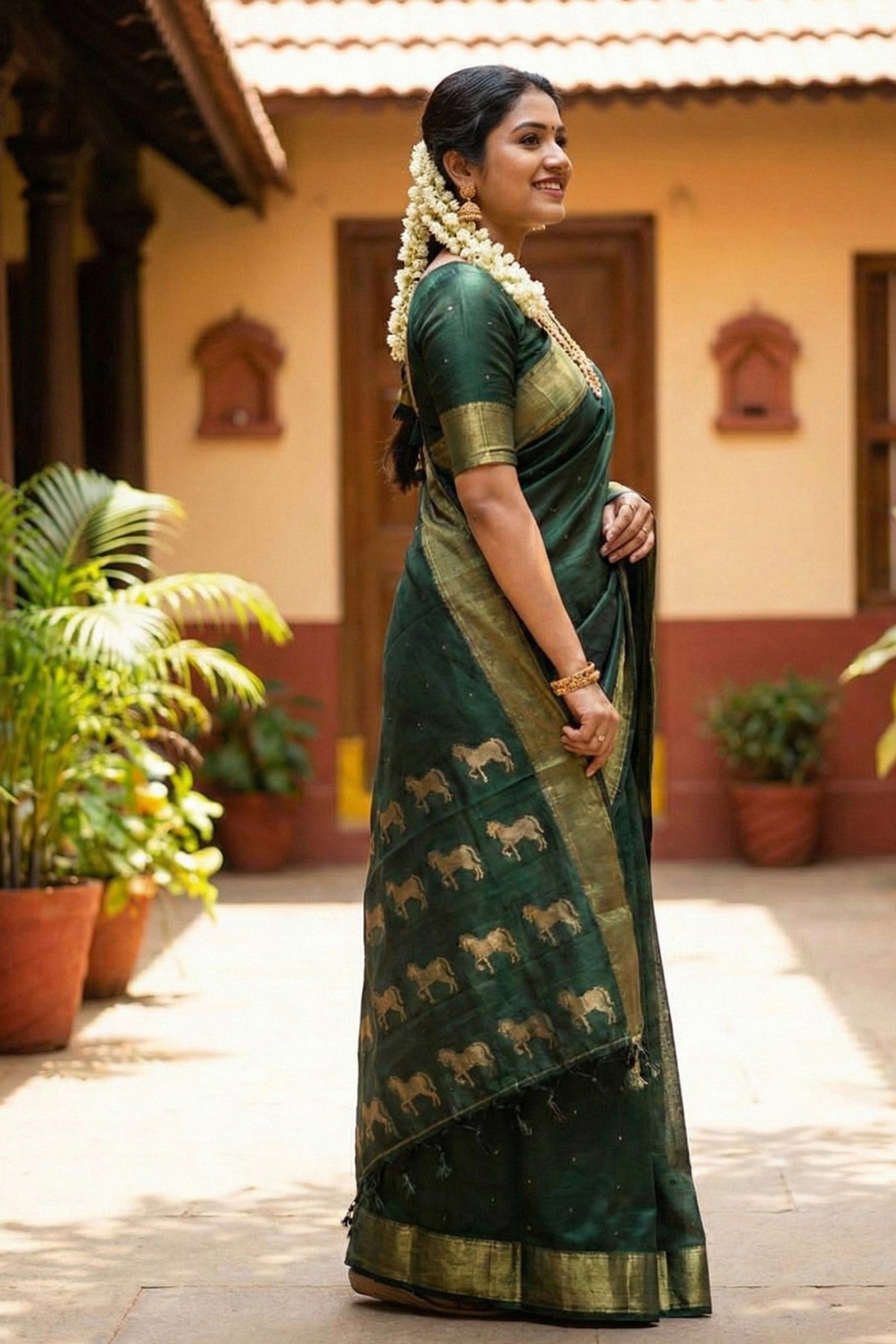 Buy MySilkLove Hunter Green Banarasi Woven Soft Silk Saree Online
