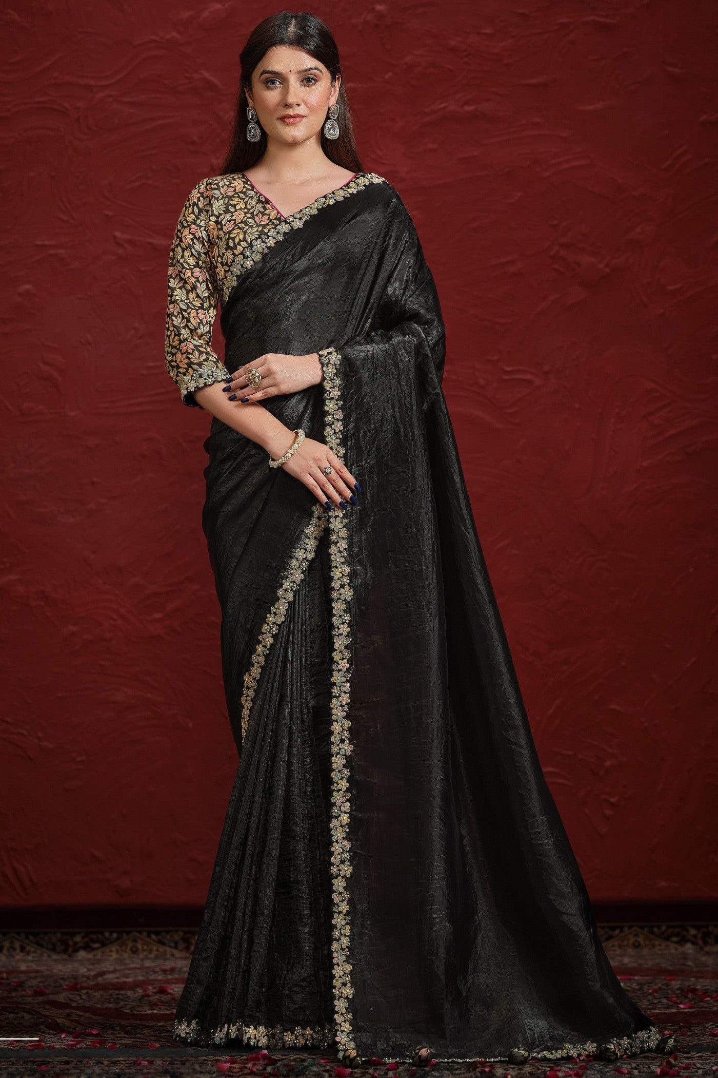 Buy MySilkLove Spider Black Paper Silk Saree with Stitched Blouse Online
