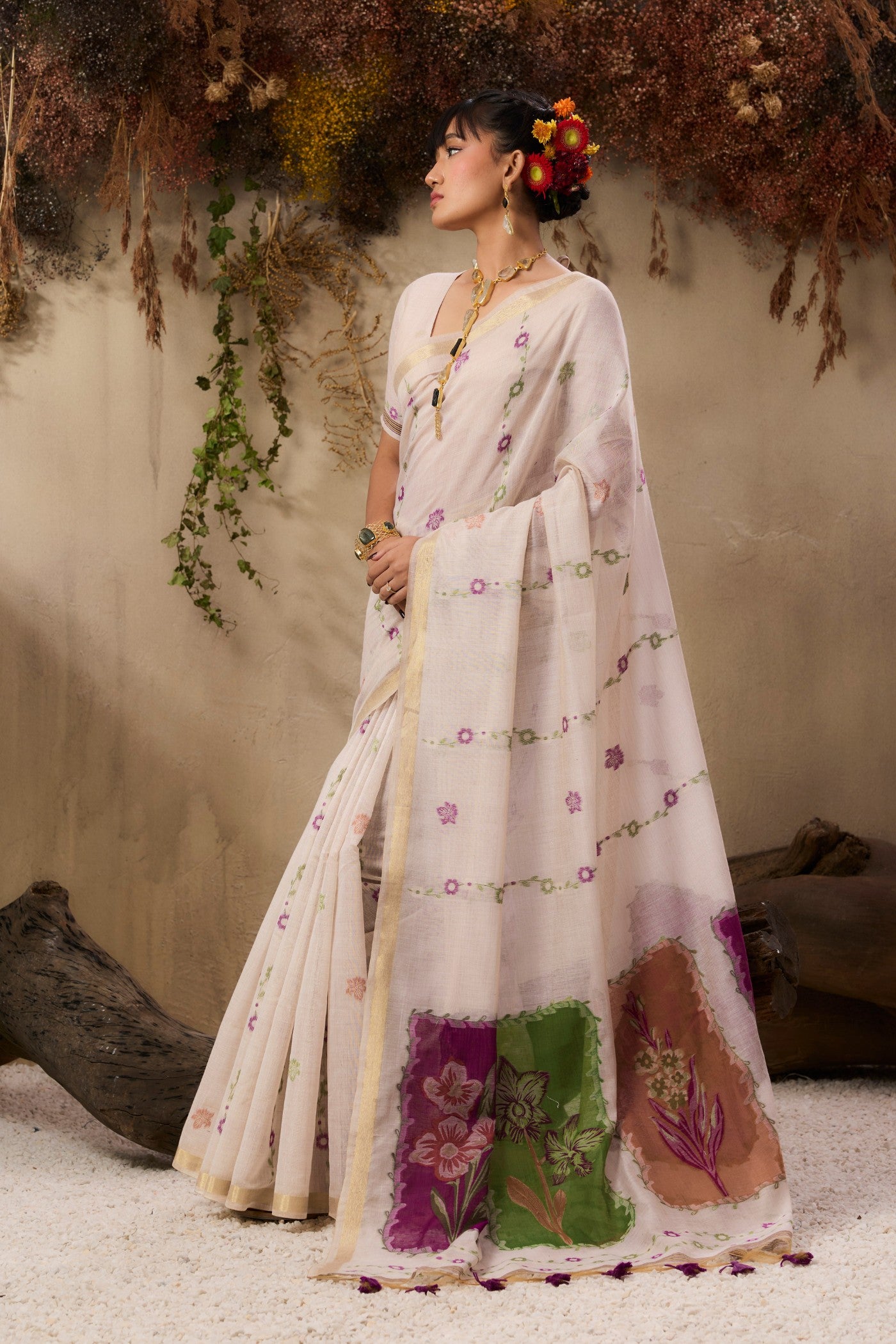 Buy MySilkLove Porcelain Cream Handloom Muga Cotton Saree Online