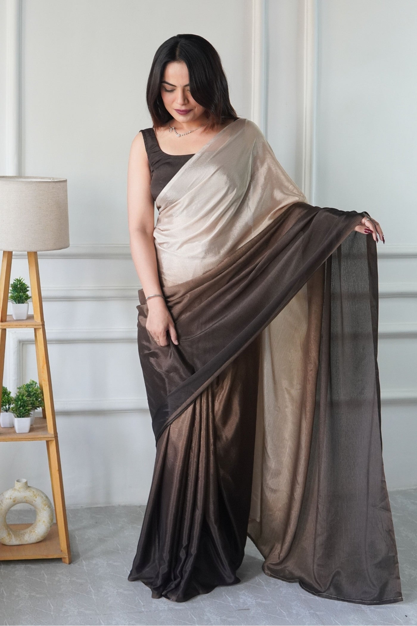 Buy MySilkLove Mocha Brown Chinon Ready To Wear Saree Online