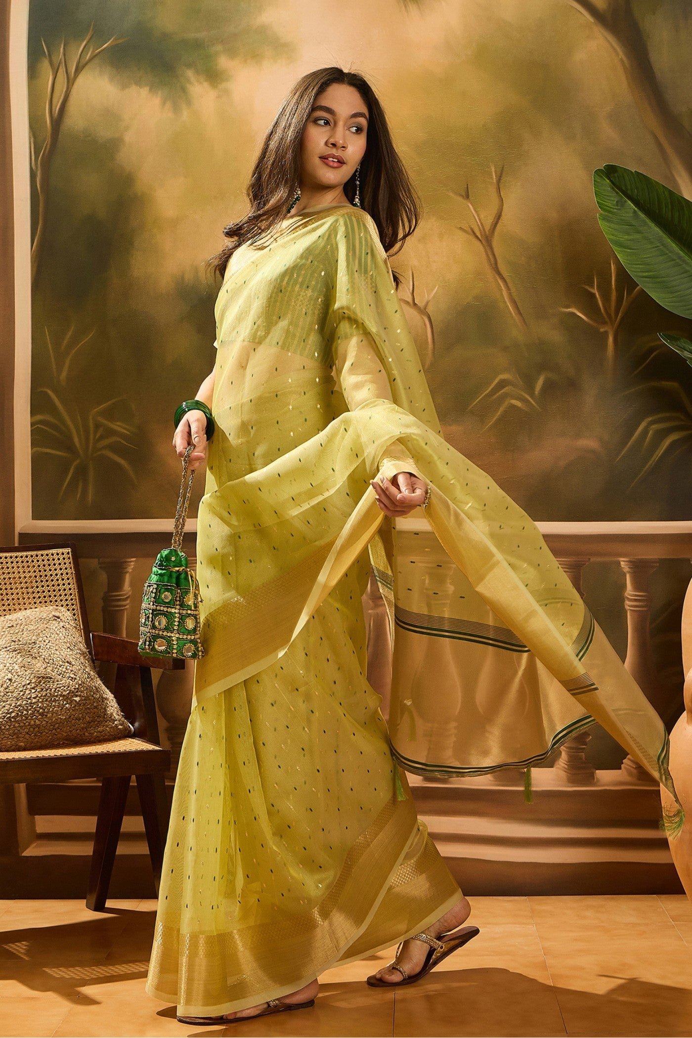 Buy MySilkLove Kelly Green Woven Organza Saree Online