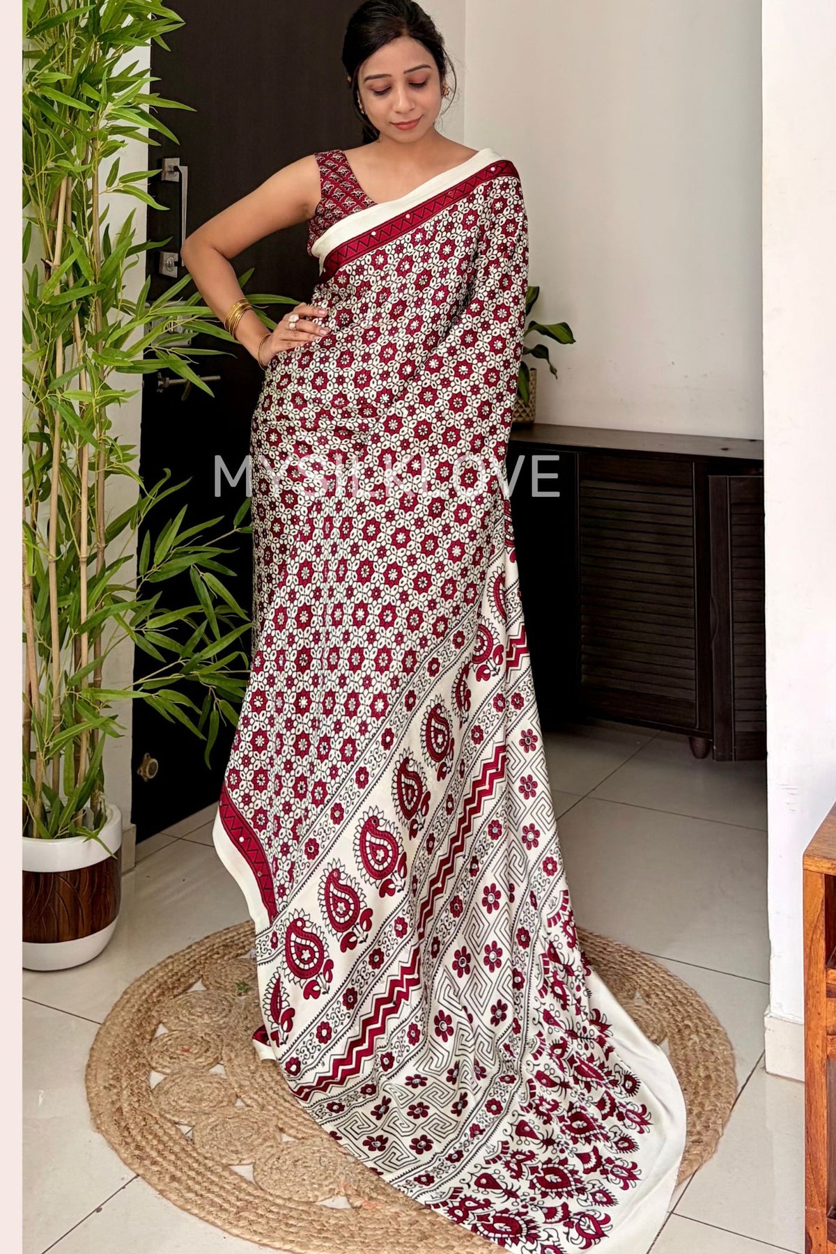 Buy MySilkLove Buttercream and Maroon Satin Printed Mirror Work Saree Online