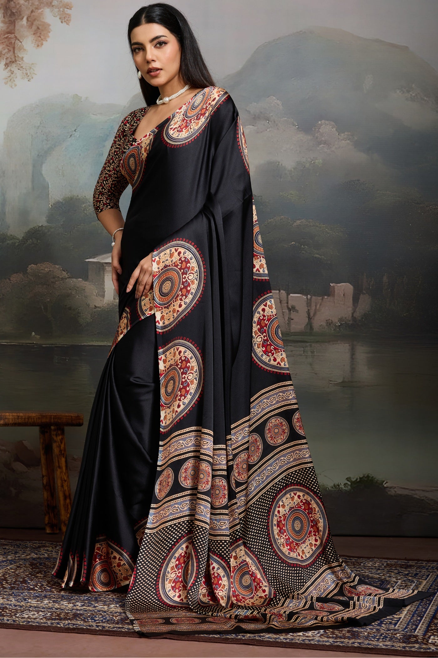 Buy MySilkLove Stone Black Modal Ajrakh Printed Silk Saree Online