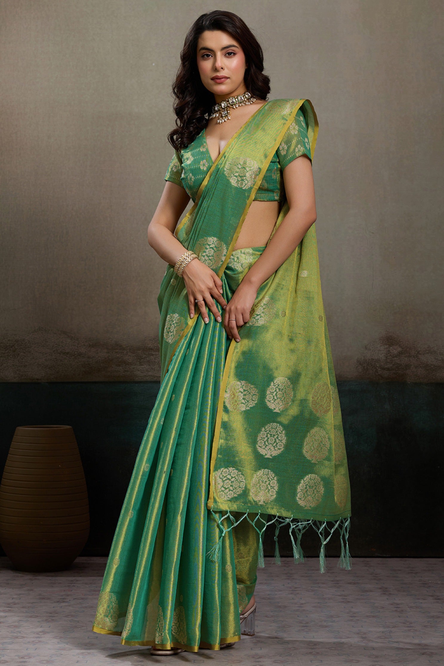 Buy MySilkLove Mint Green Woven Tissue Saree Online