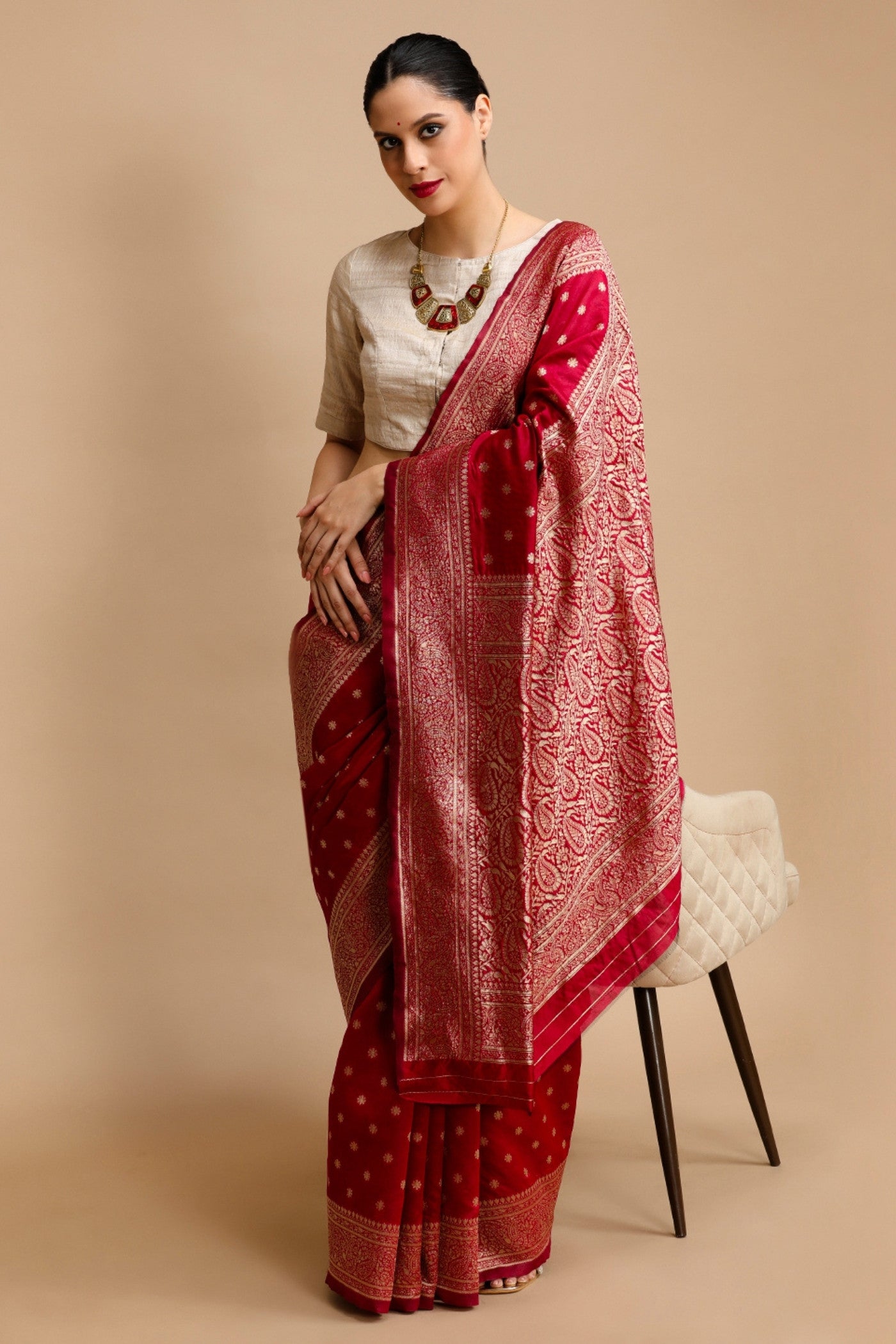 Buy MySilkLove Bride Red Woven Jacquard Lichi Silk Saree Online