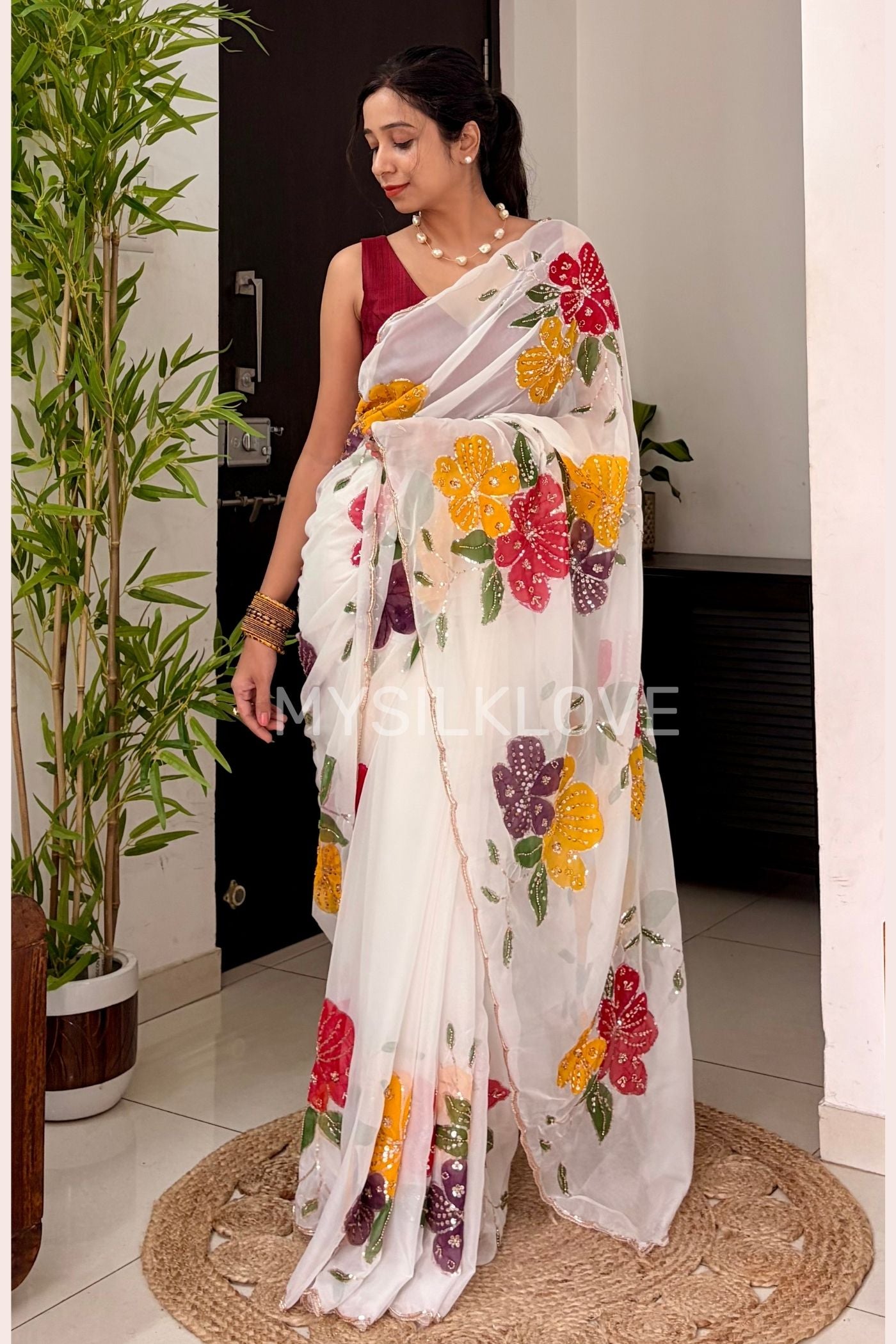 Buy MySilkLove Diamond White Floral Embroidered Organza Saree Online