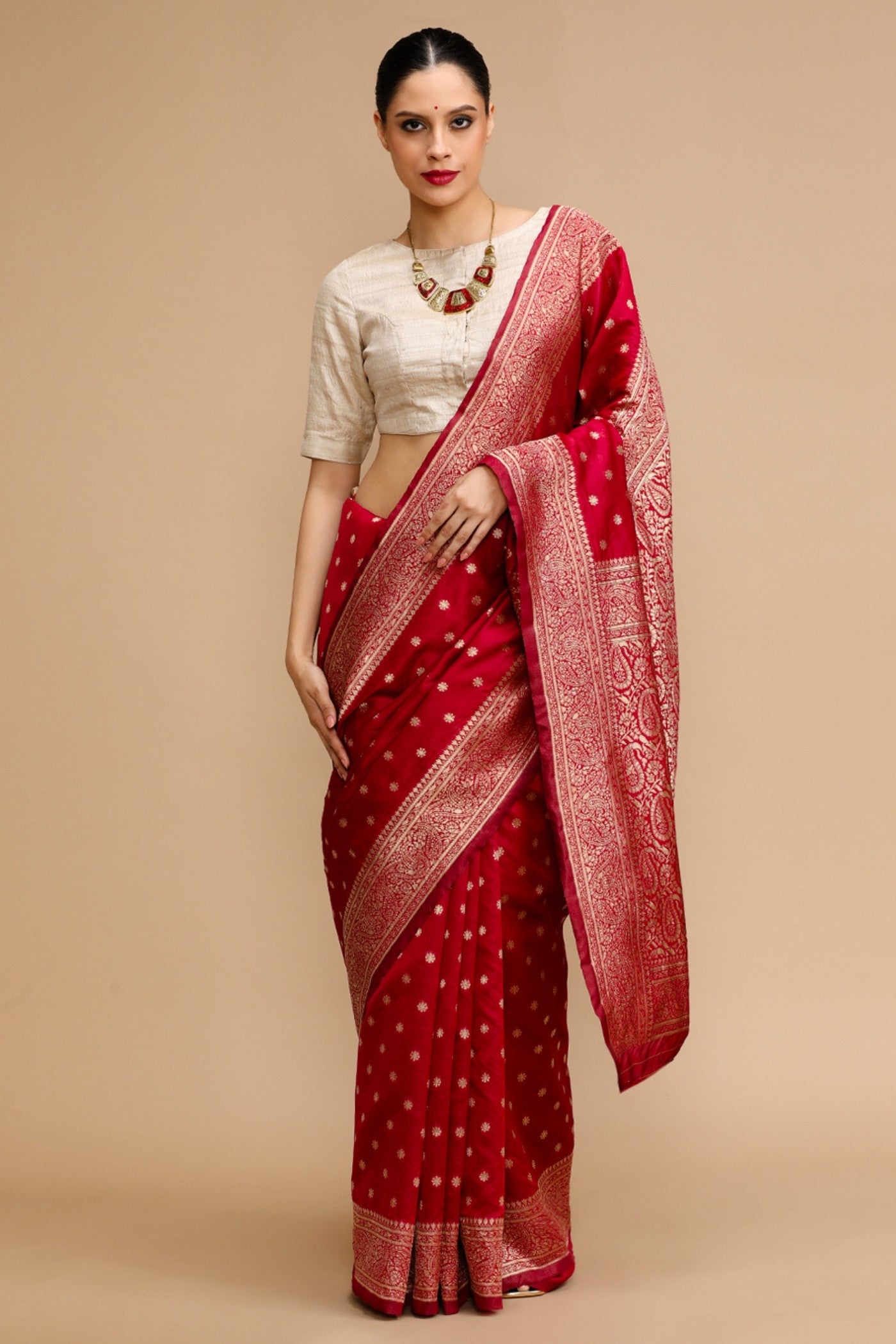 Buy MySilkLove Bride Red Woven Jacquard Lichi Silk Saree Online