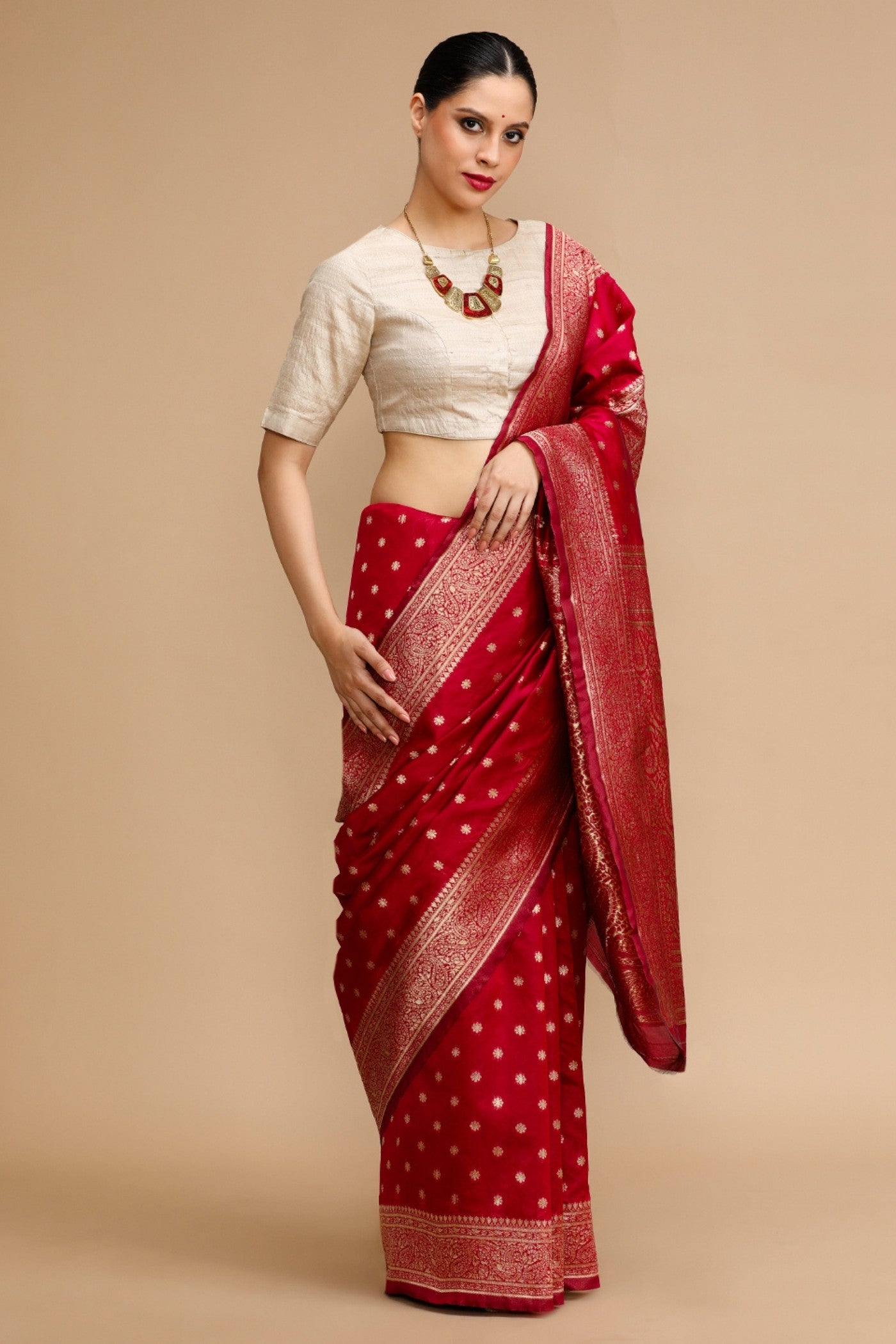 Buy MySilkLove Bride Red Woven Jacquard Lichi Silk Saree Online