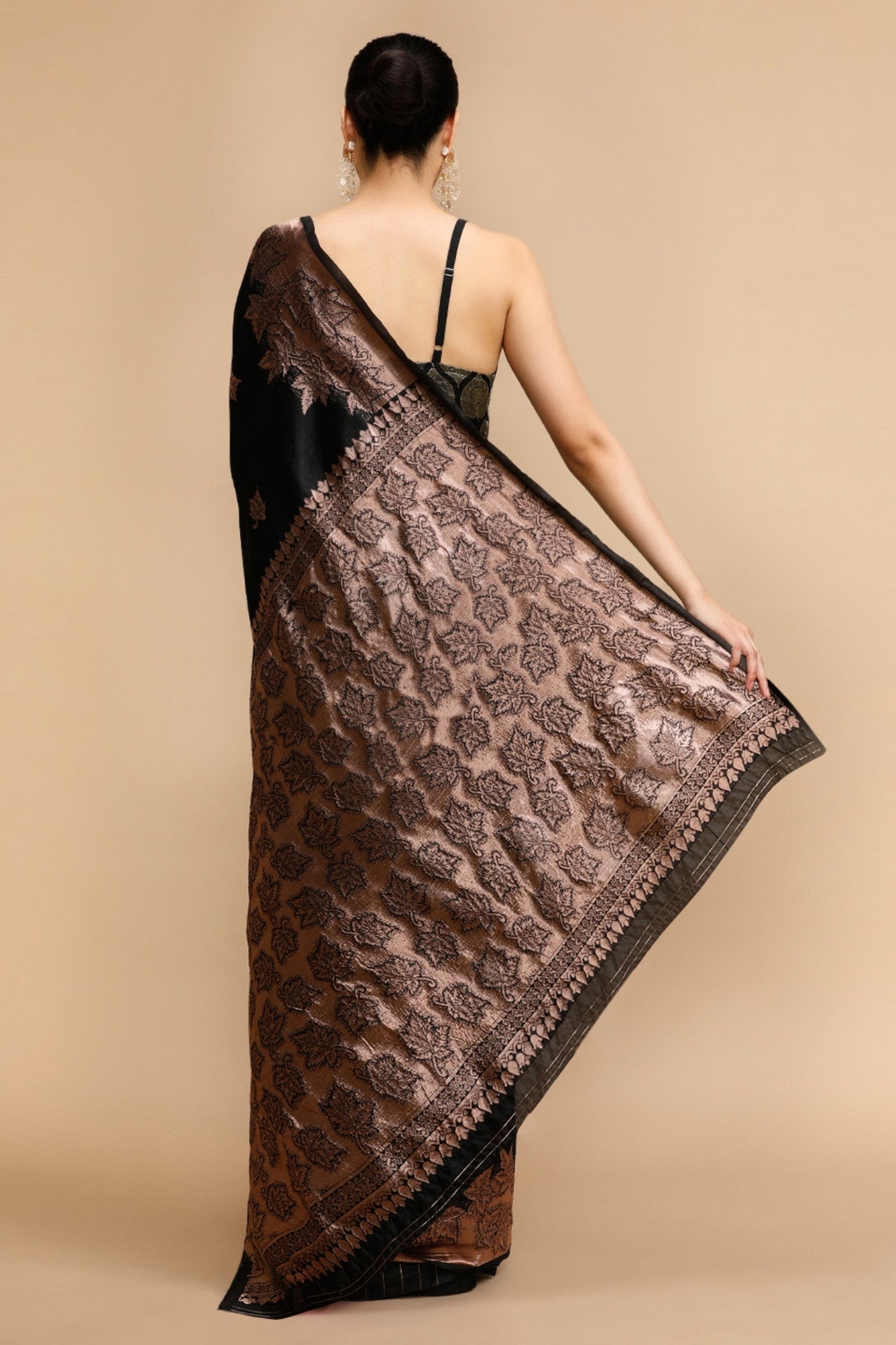 Buy MySilkLove Ash Black Woven Jacquard Lichi Silk Saree Online