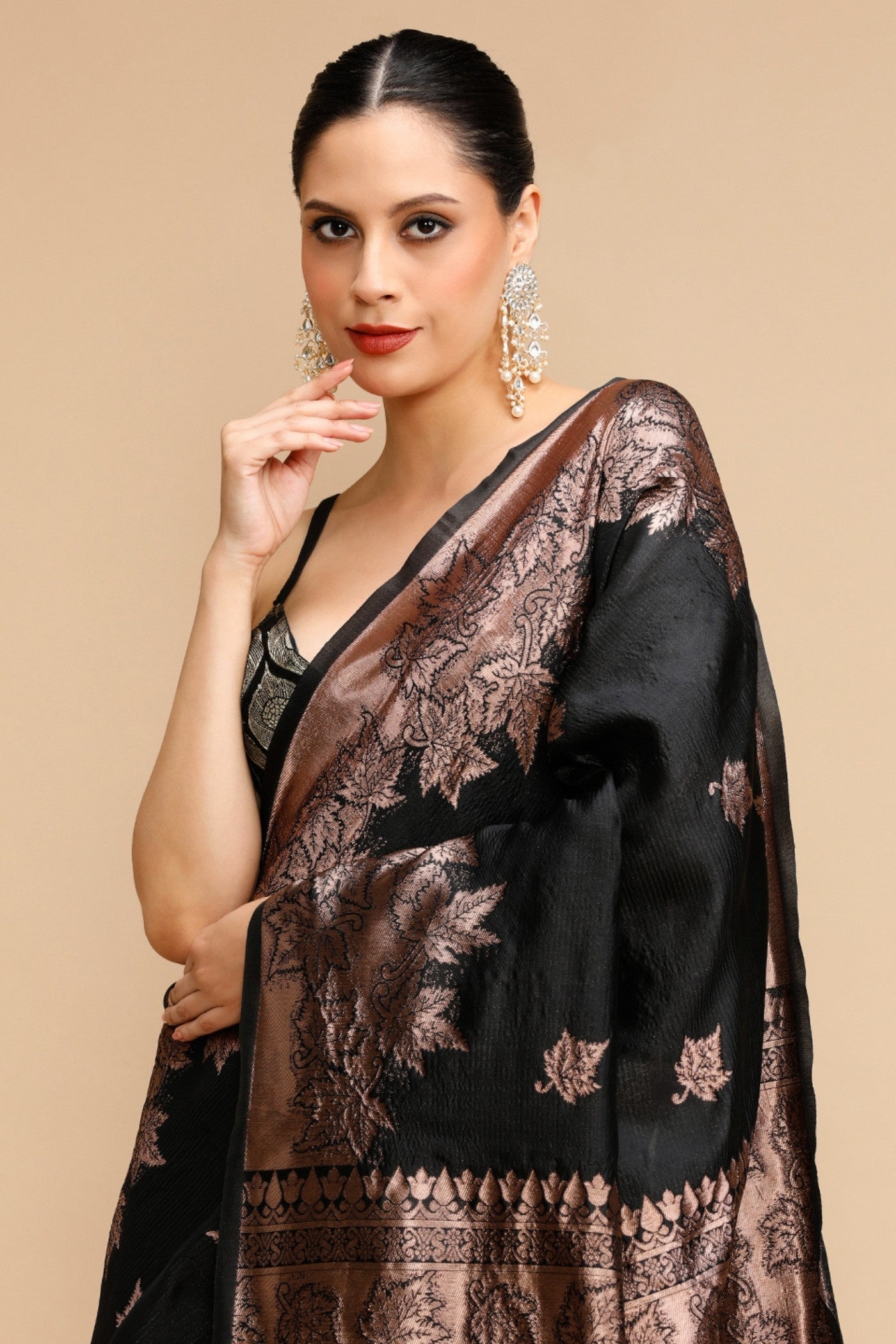 Buy MySilkLove Ash Black Woven Jacquard Lichi Silk Saree Online