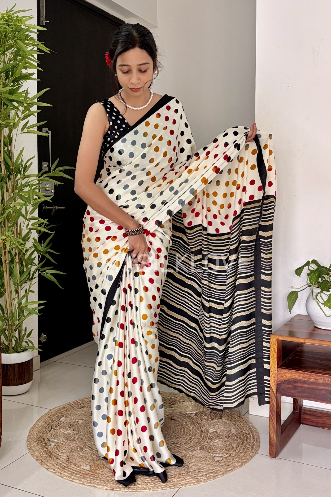 Buy MySilkLove Celestial White and Black Patola Printed Satin Crepe Saree Online