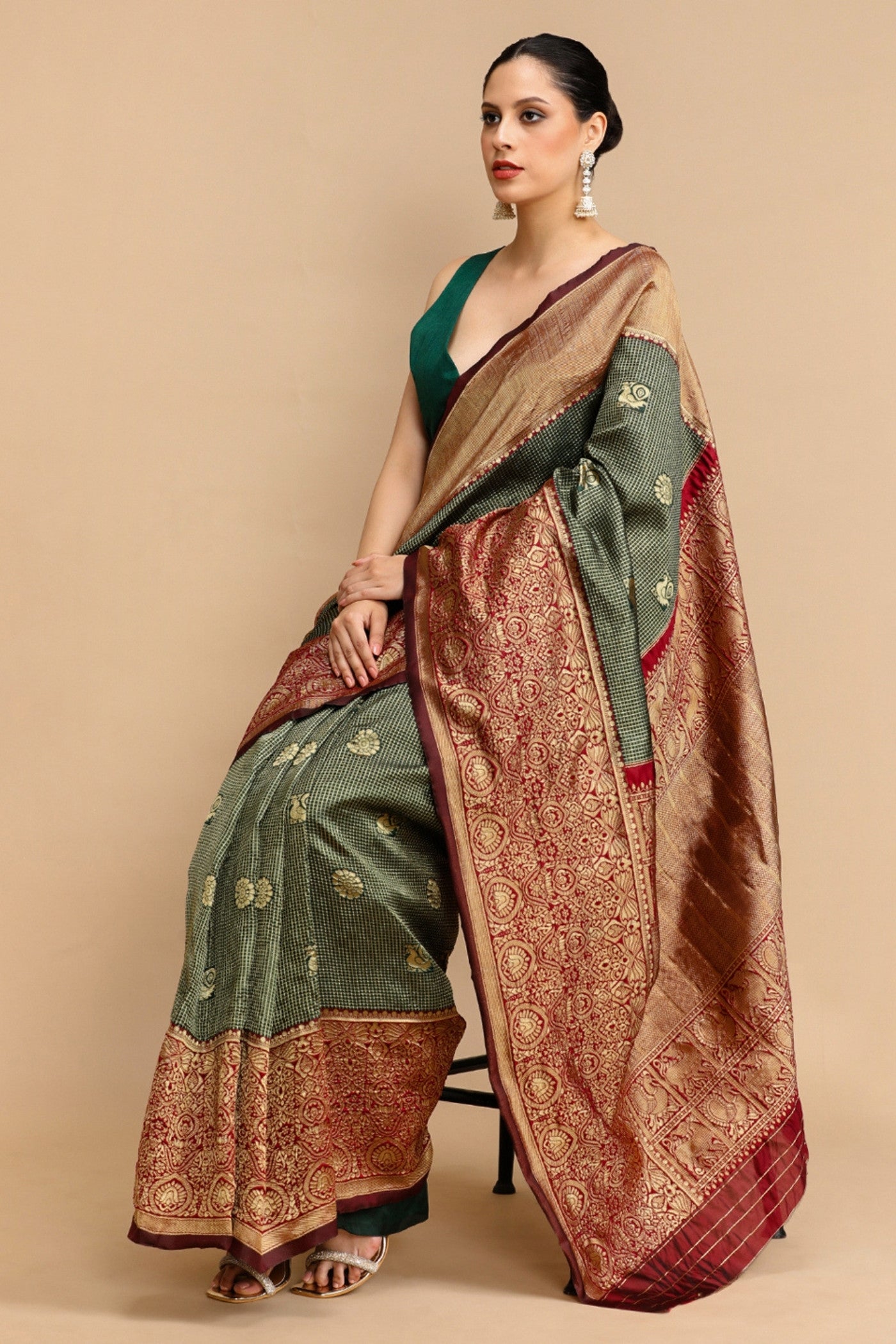 Buy MySilkLove Fern Green and Red Woven Jacquard Lichi Silk Saree Online