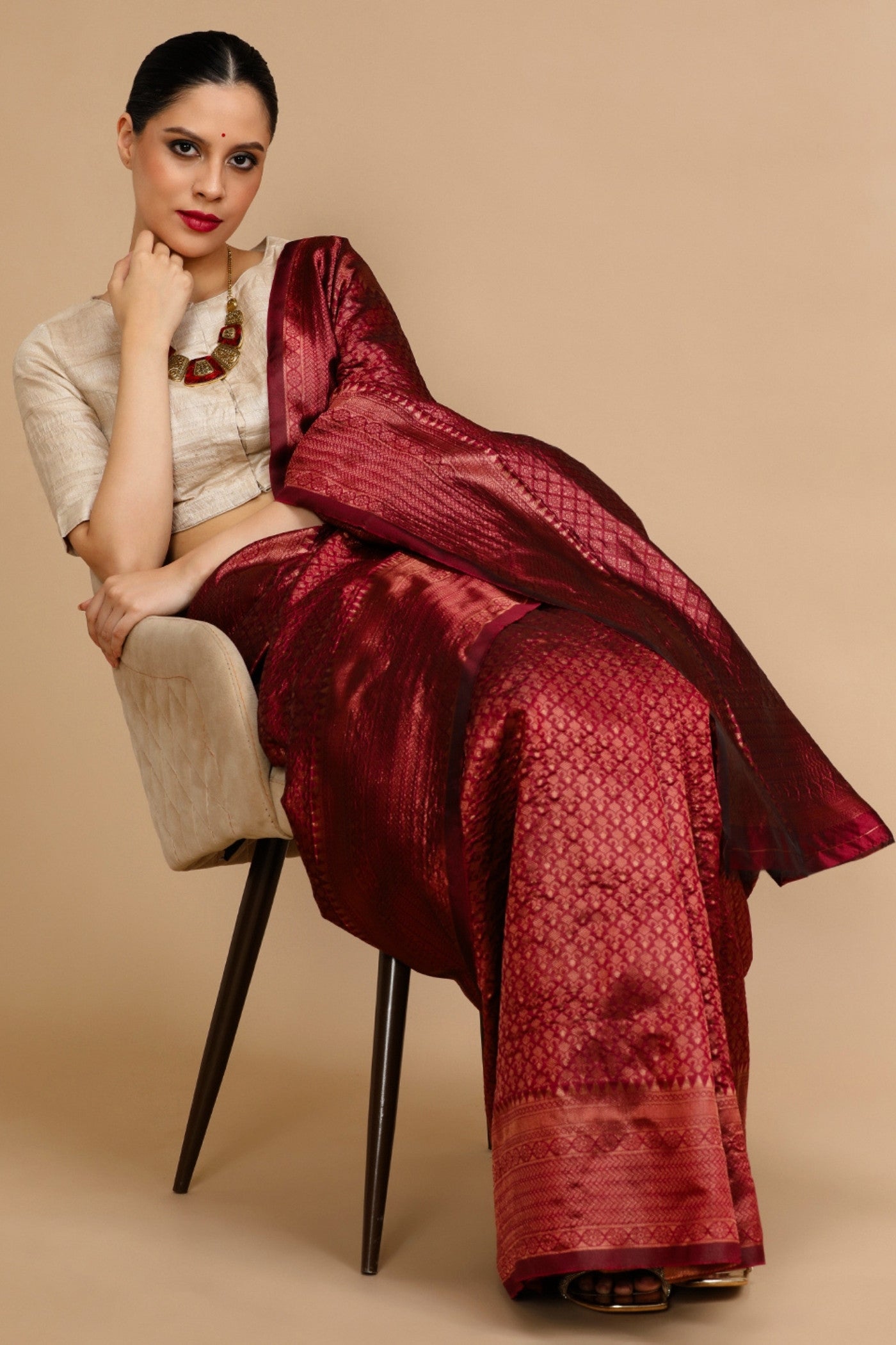 Buy MySilkLove Synonyms Maroon Woven Jacquard Lichi Silk Saree Online