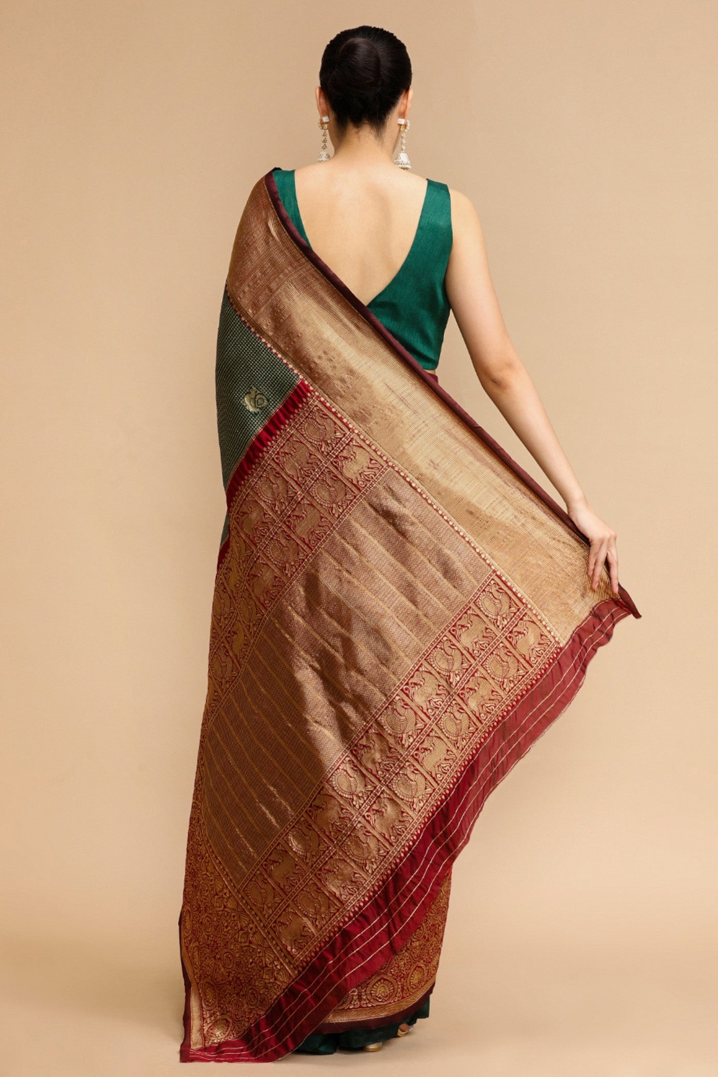Buy MySilkLove Fern Green and Red Woven Jacquard Lichi Silk Saree Online