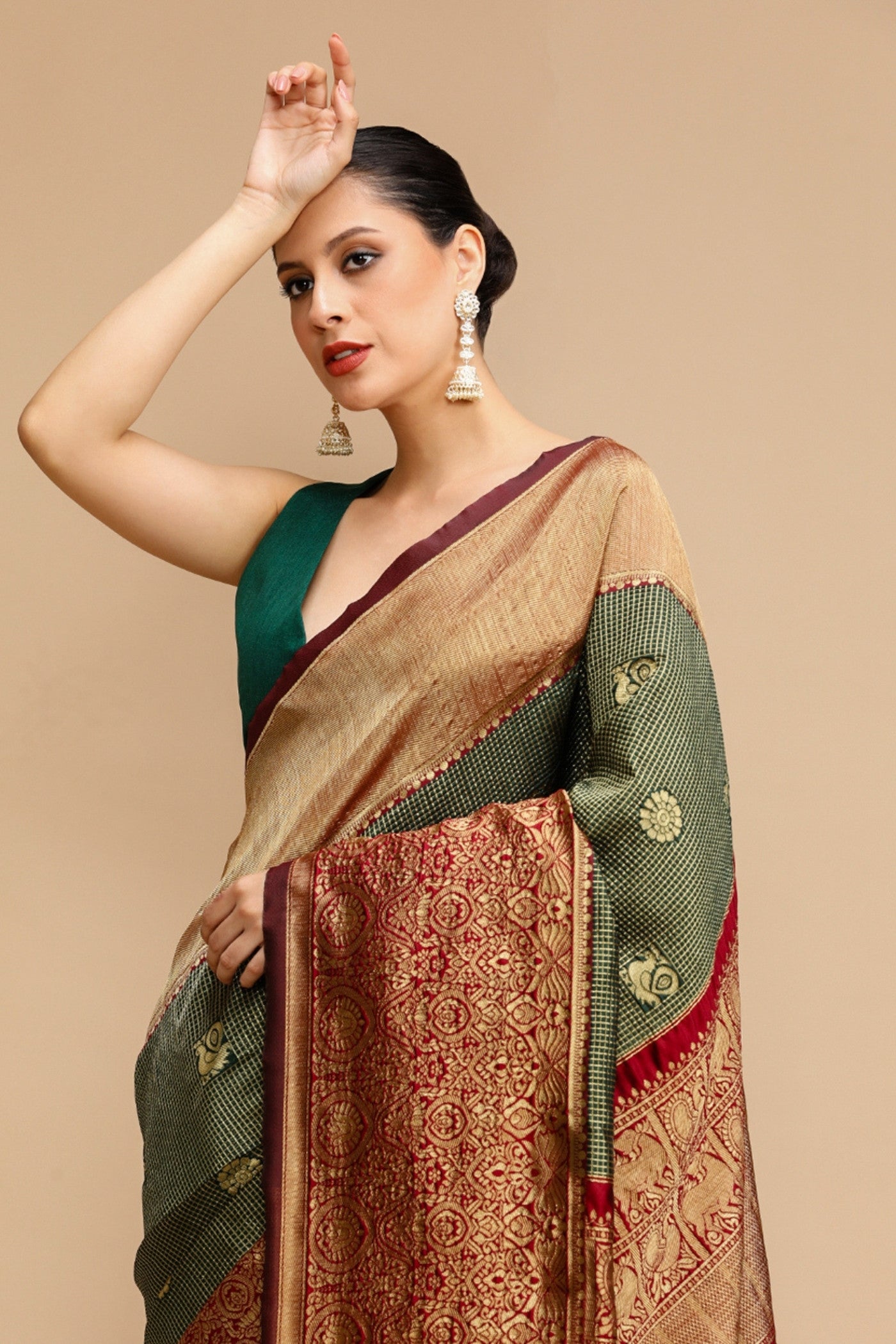 Buy MySilkLove Fern Green and Red Woven Jacquard Lichi Silk Saree Online