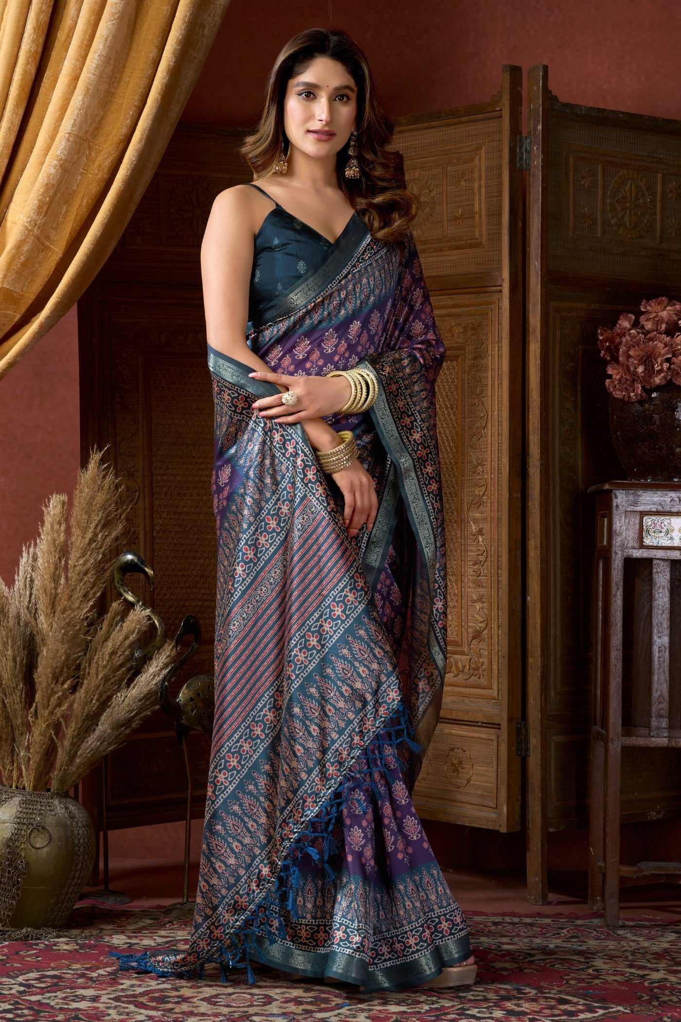 Buy MySilkLove Liseran Purple Ajrakh Printed Saree Online