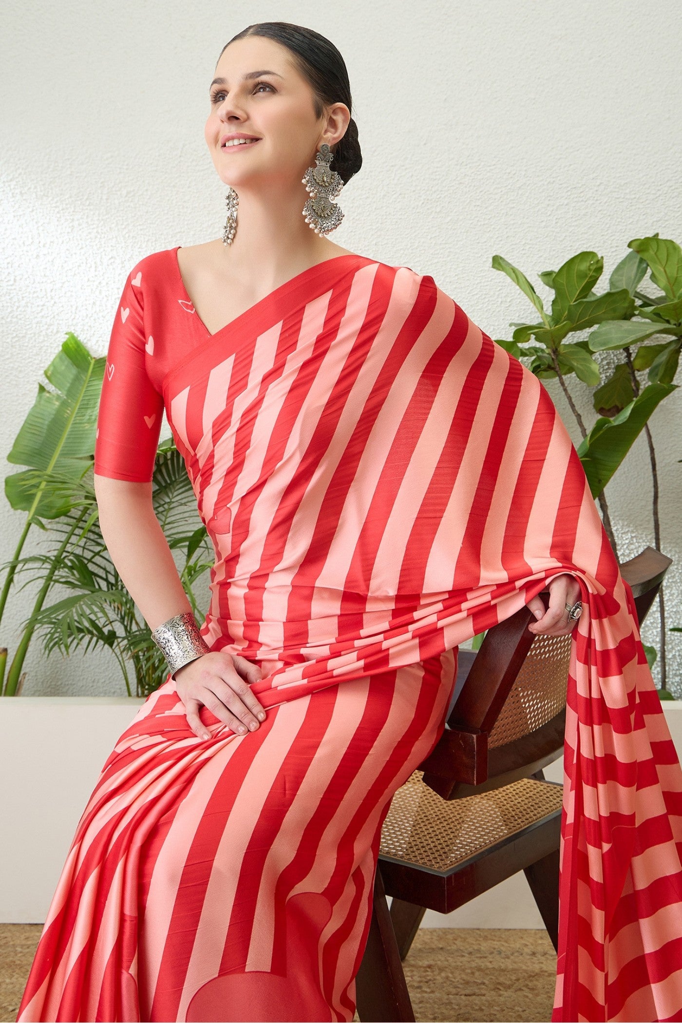 Buy MySilkLove Coral Red Printed Satin Crepe Silk Saree Online